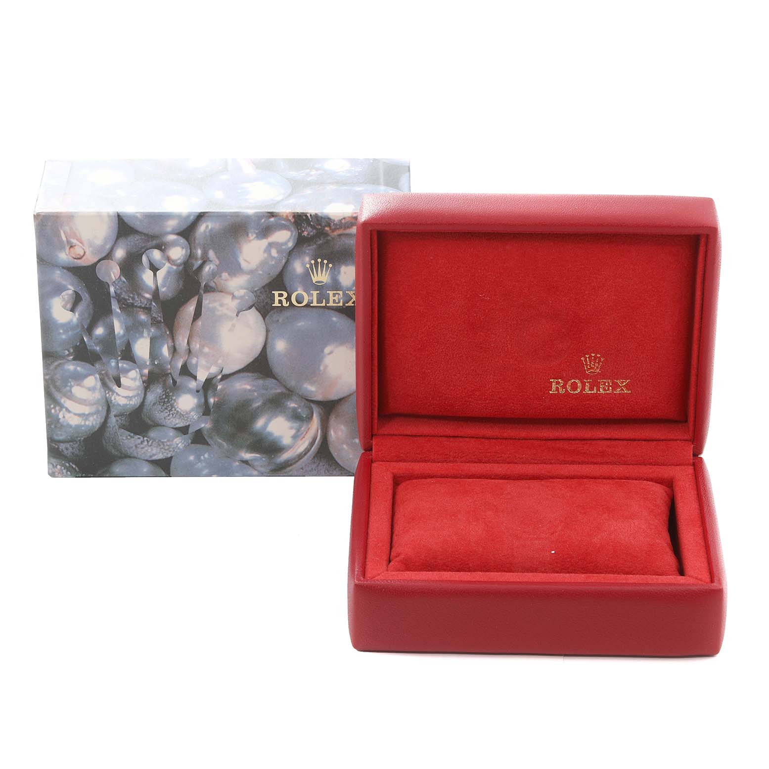 The image shows a Rolex Datejust 79173 Women's Steel and Gold (two tone) Champagne Dial 79173 Women's Steel and Gold (two tone) Champagne Dial watch box in red with a decorative outer box in the background.