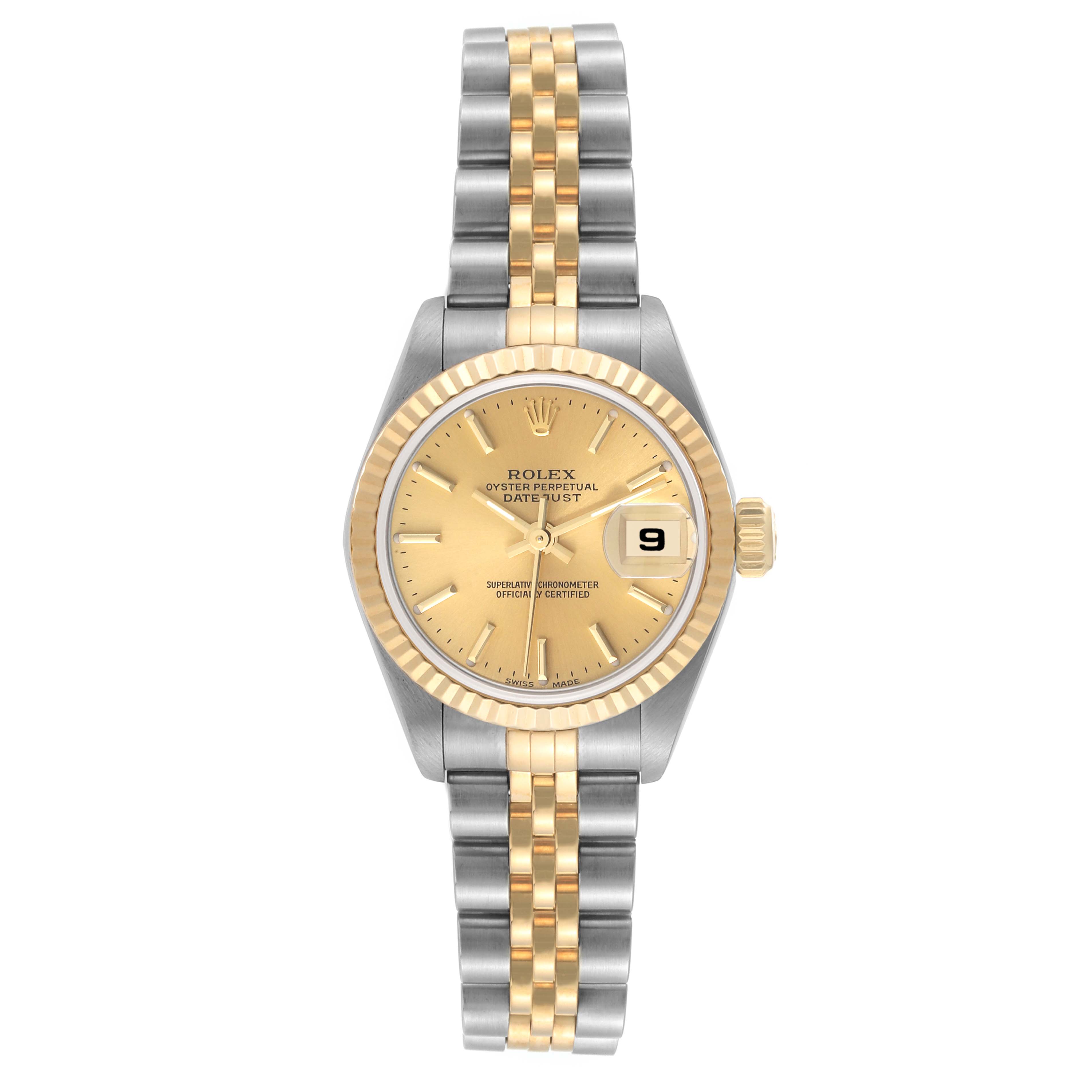 This image shows a Rolex Datejust 79173 Women's Steel and Gold (two tone) Champagne Dial 79173 Women's Steel and Gold (two tone) Champagne Dial watch from the front, highlighting its two-tone bracelet, gold dial, and date window.