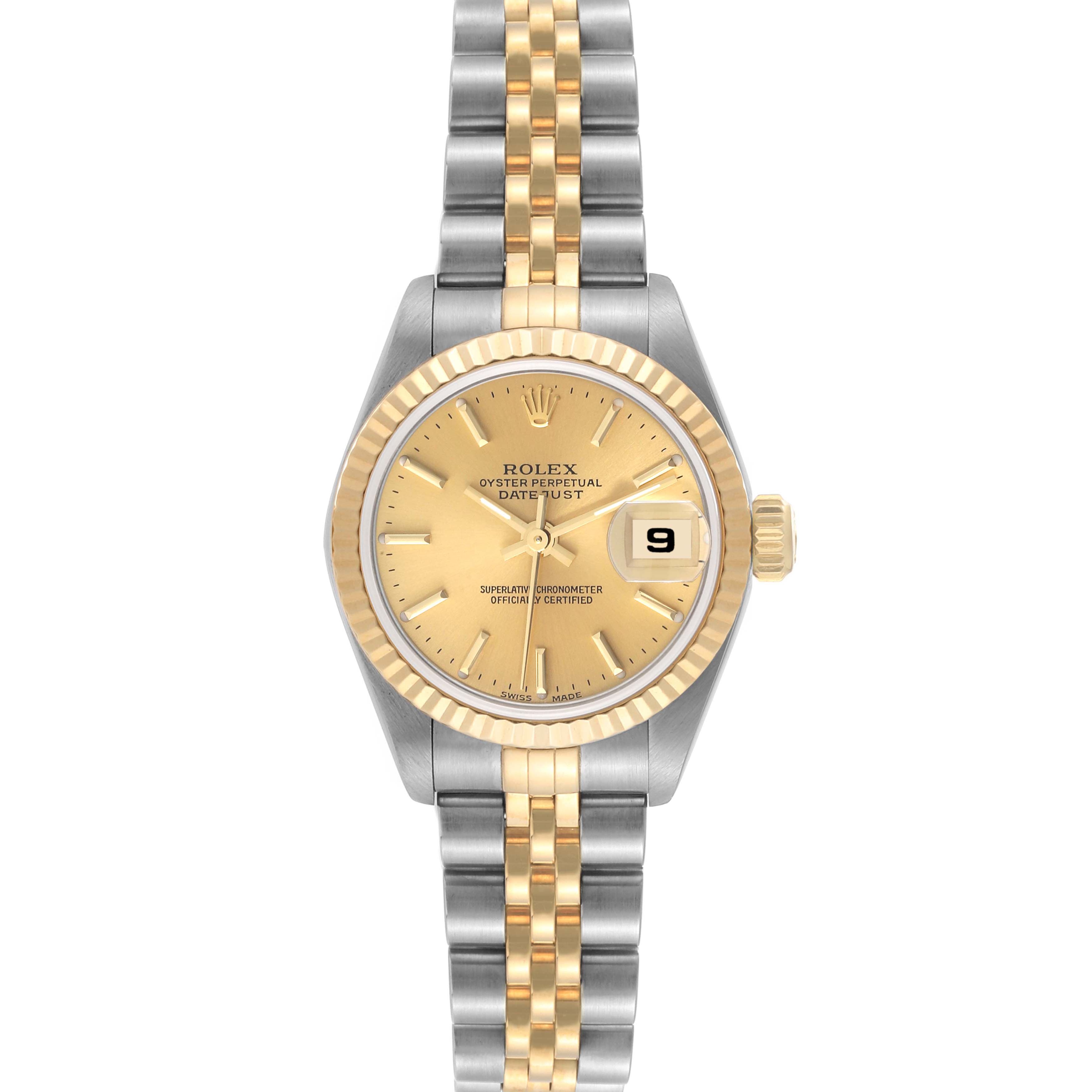This image shows a front view of a Rolex Datejust 79173 Women's Steel and Gold (two tone) Champagne Dial 79173 Women's Steel and Gold (two tone) Champagne Dial watch with a two-tone bracelet and a champagne dial.