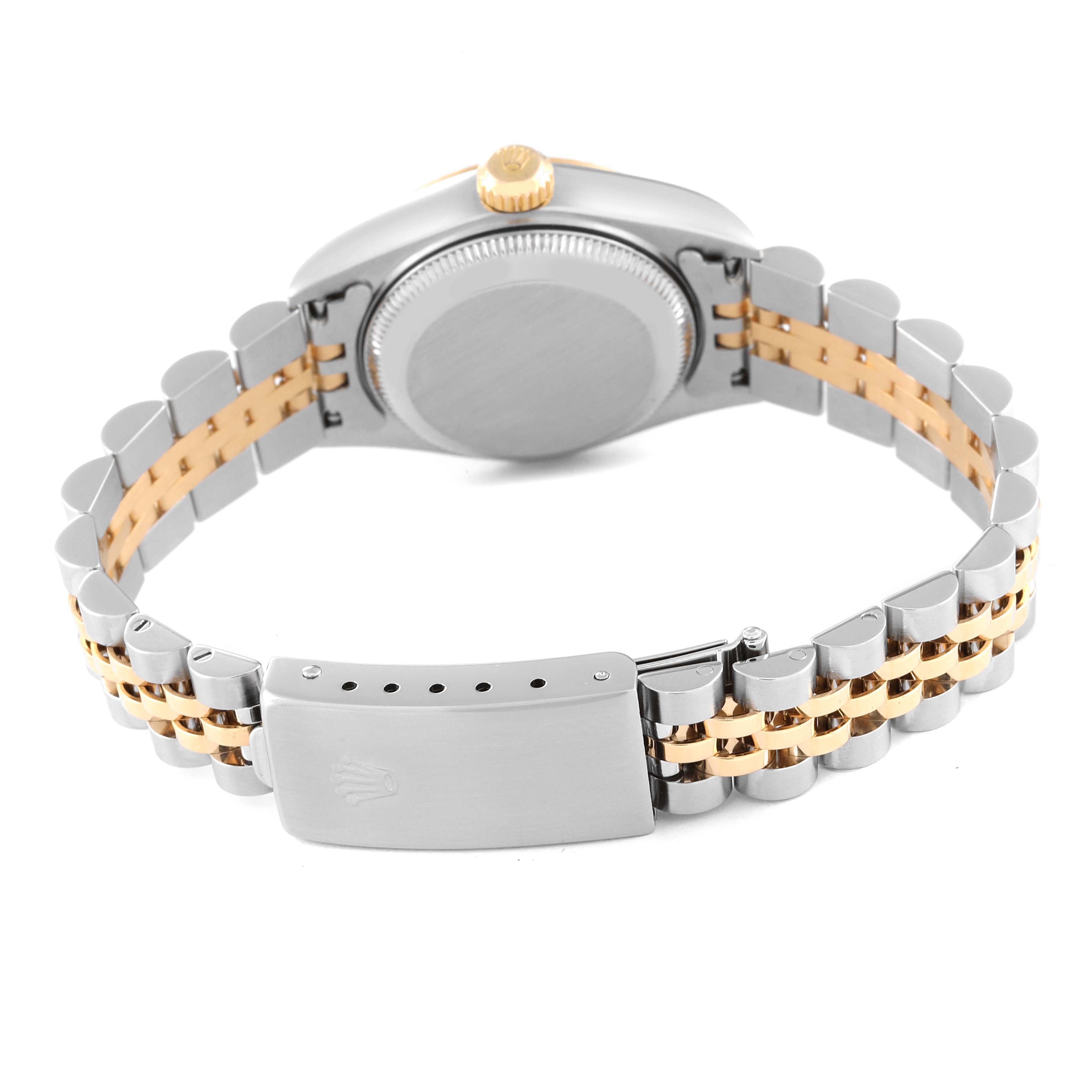 The image shows the back and clasp of a Rolex Datejust 79173 Women's Steel and Gold (two tone) Champagne Dial 79173 Women's Steel and Gold (two tone) Champagne Dial watch, highlighting its two-tone bracelet and case back.