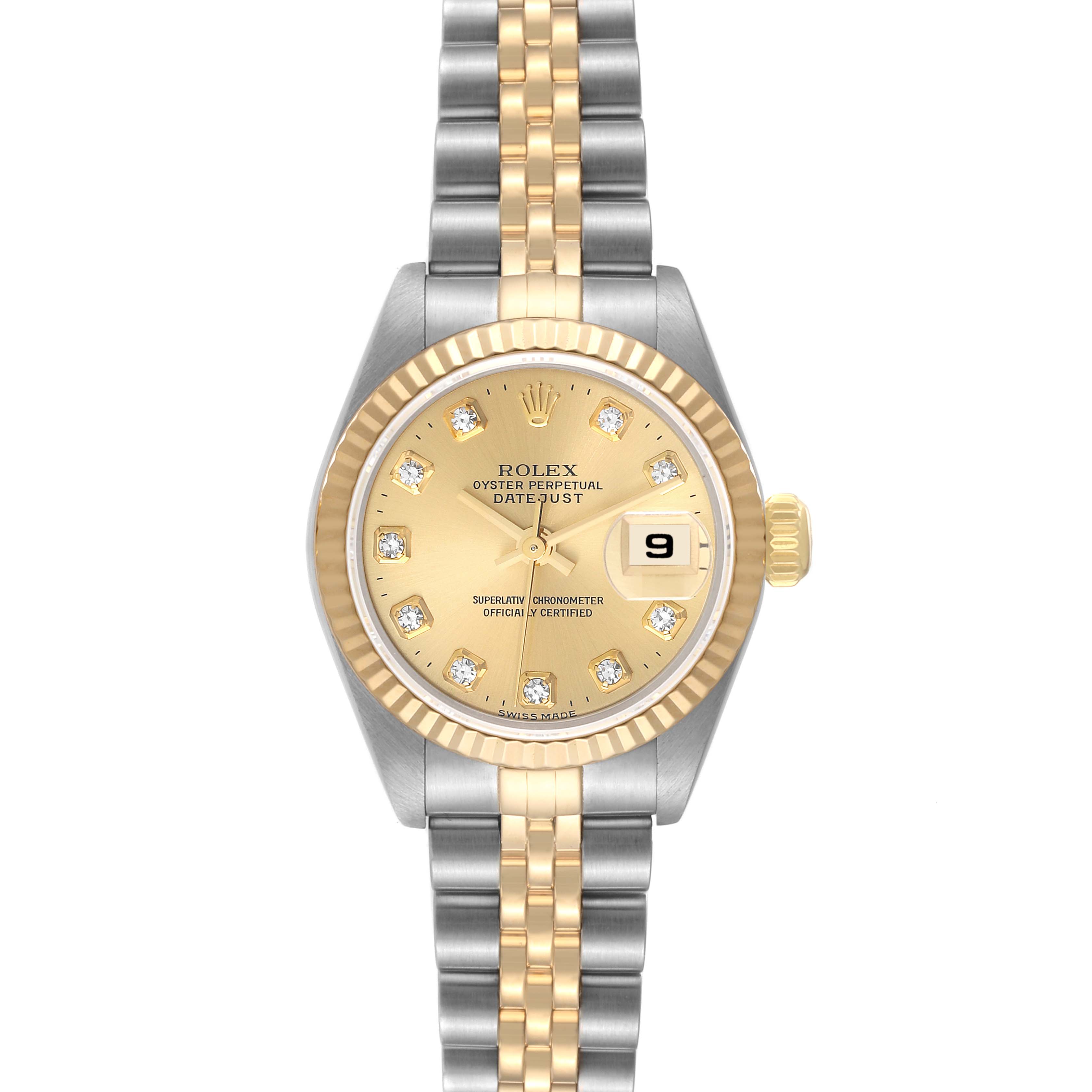 This image shows a Rolex Datejust 79173 Women's Steel and Gold (two tone) Champagne Dial 79173 Women's Steel and Gold (two tone) Champagne Dial watch, featuring a fluted bezel, Jubilee bracelet, and a gold dial with diamond hour markers.