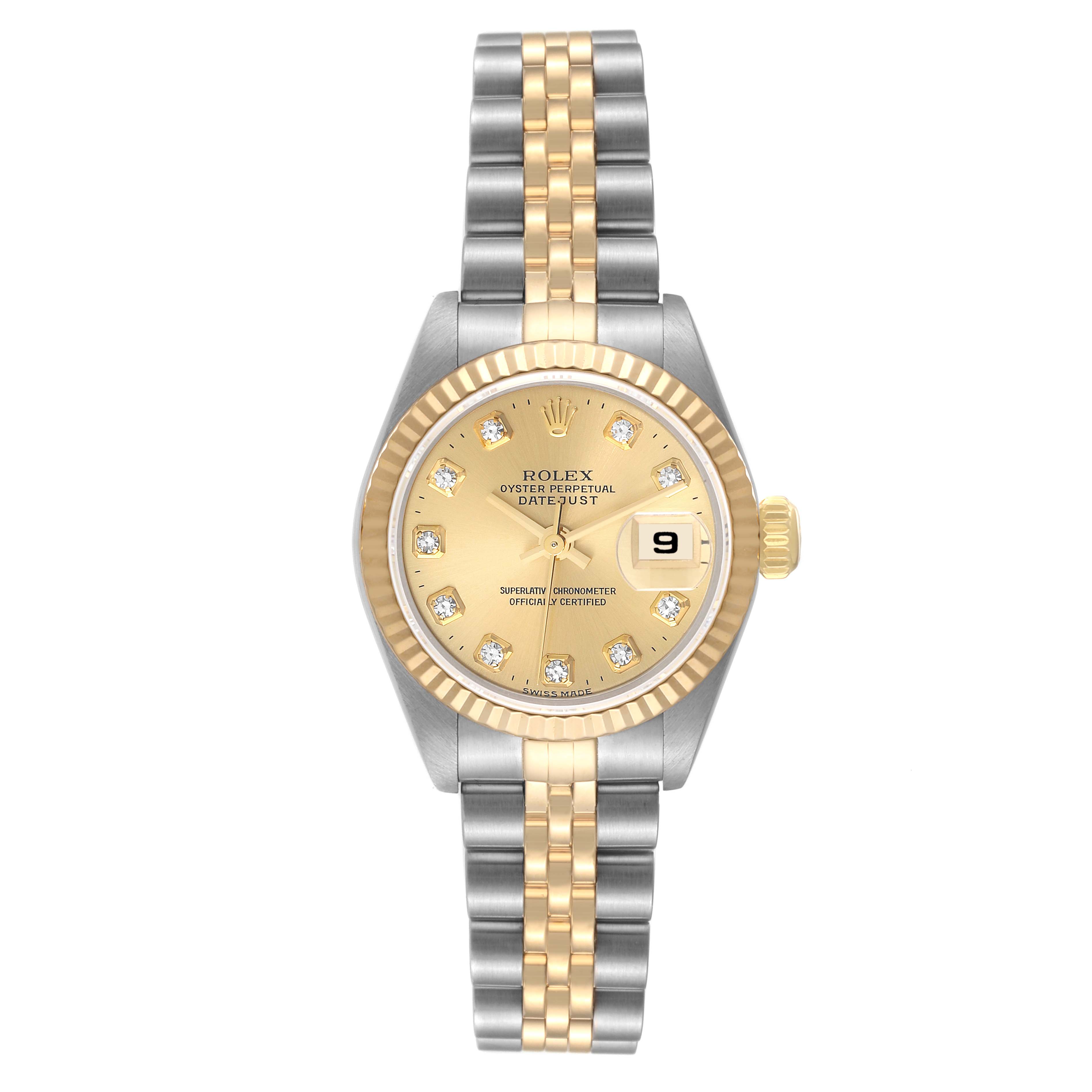 This Rolex Datejust 79173 Women's Steel and Gold (two tone) Champagne Dial 79173 Women's Steel and Gold (two tone) Champagne Dial watch is shown from a top-down angle, displaying the full face, bezel, and bracelet.