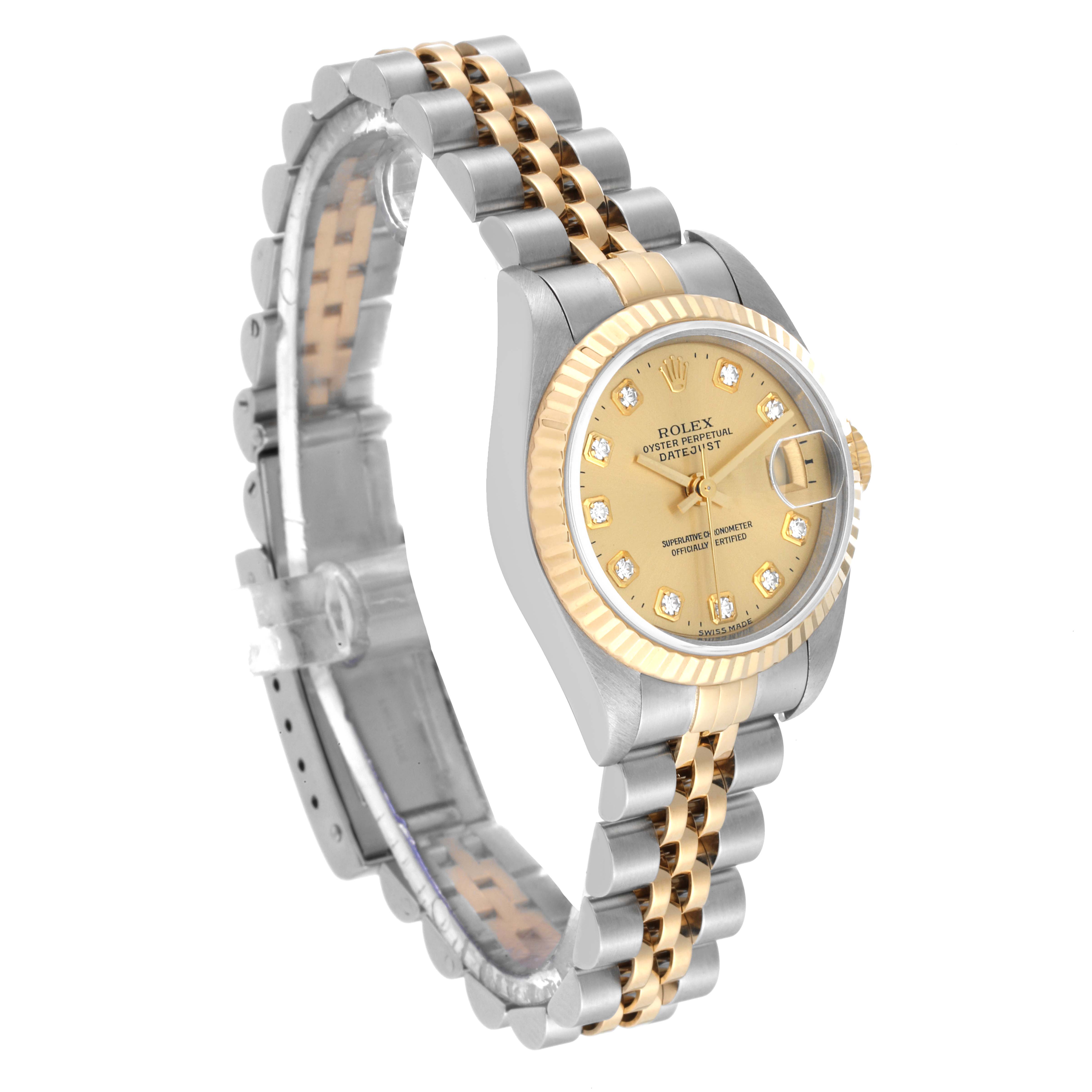The image shows a side angle of a Rolex Datejust 79173 Women's Steel and Gold (two tone) Champagne Dial 79173 Women's Steel and Gold (two tone) Champagne Dial watch, revealing its two-tone metal bracelet, gold fluted bezel, and champagne dial with diamond markers.