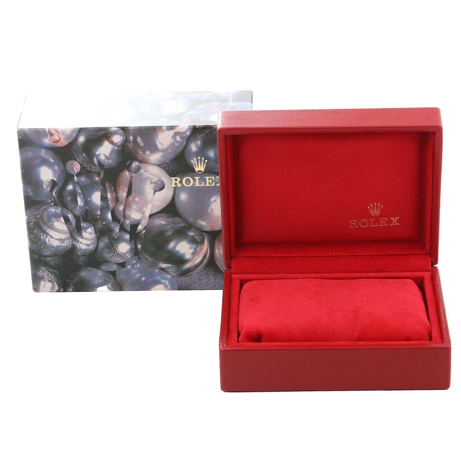 The image shows an empty Rolex Datejust 79173 Women's Steel and Gold (two tone) Champagne Dial 79173 Women's Steel and Gold (two tone) Champagne Dial watch box and its outer decorative packaging, with both partially open.