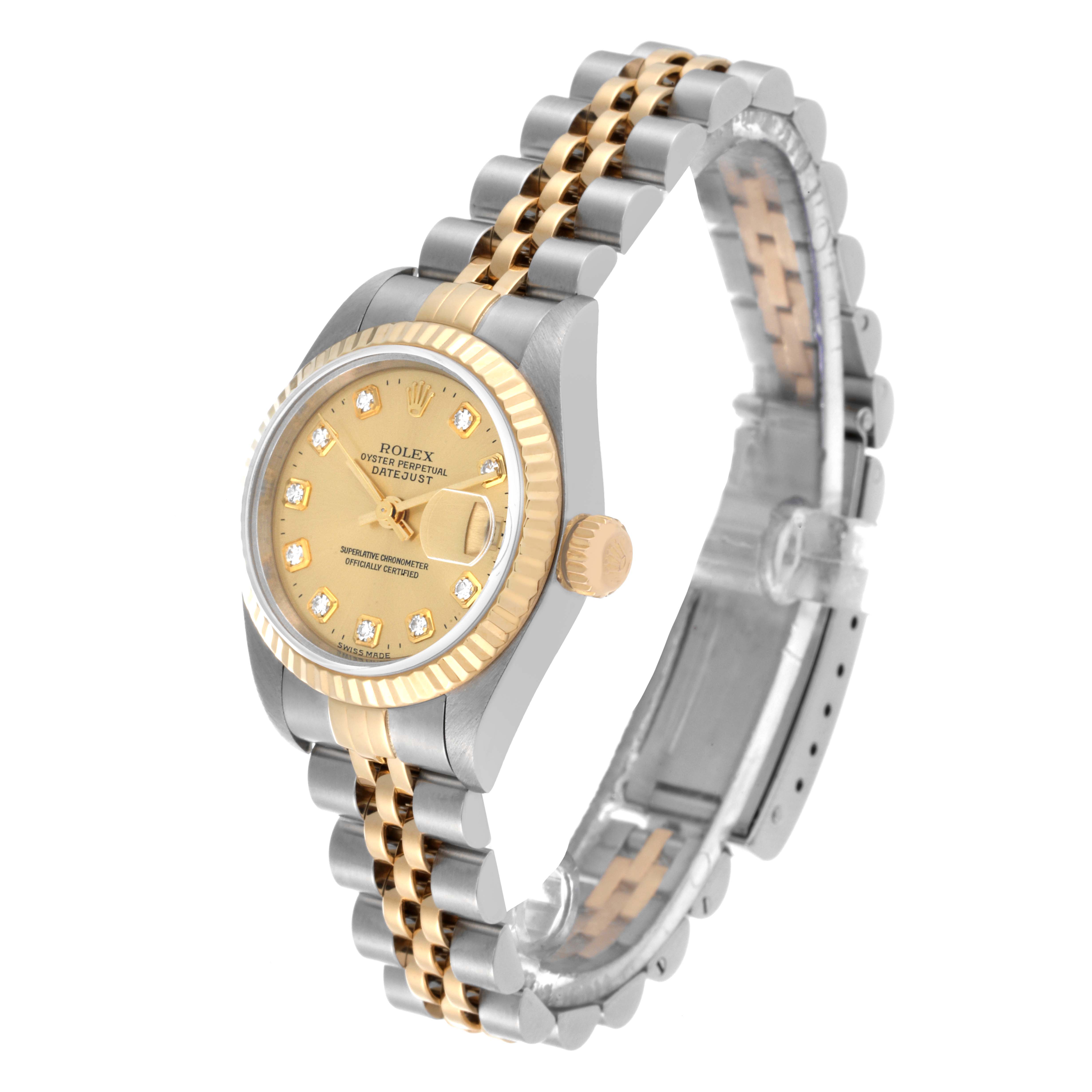 The Rolex Datejust 79173 Women's Steel and Gold (two tone) Champagne Dial 79173 Women's Steel and Gold (two tone) Champagne Dial watch is shown at a slight angle, displaying its face, jubilee bracelet, and crown.
