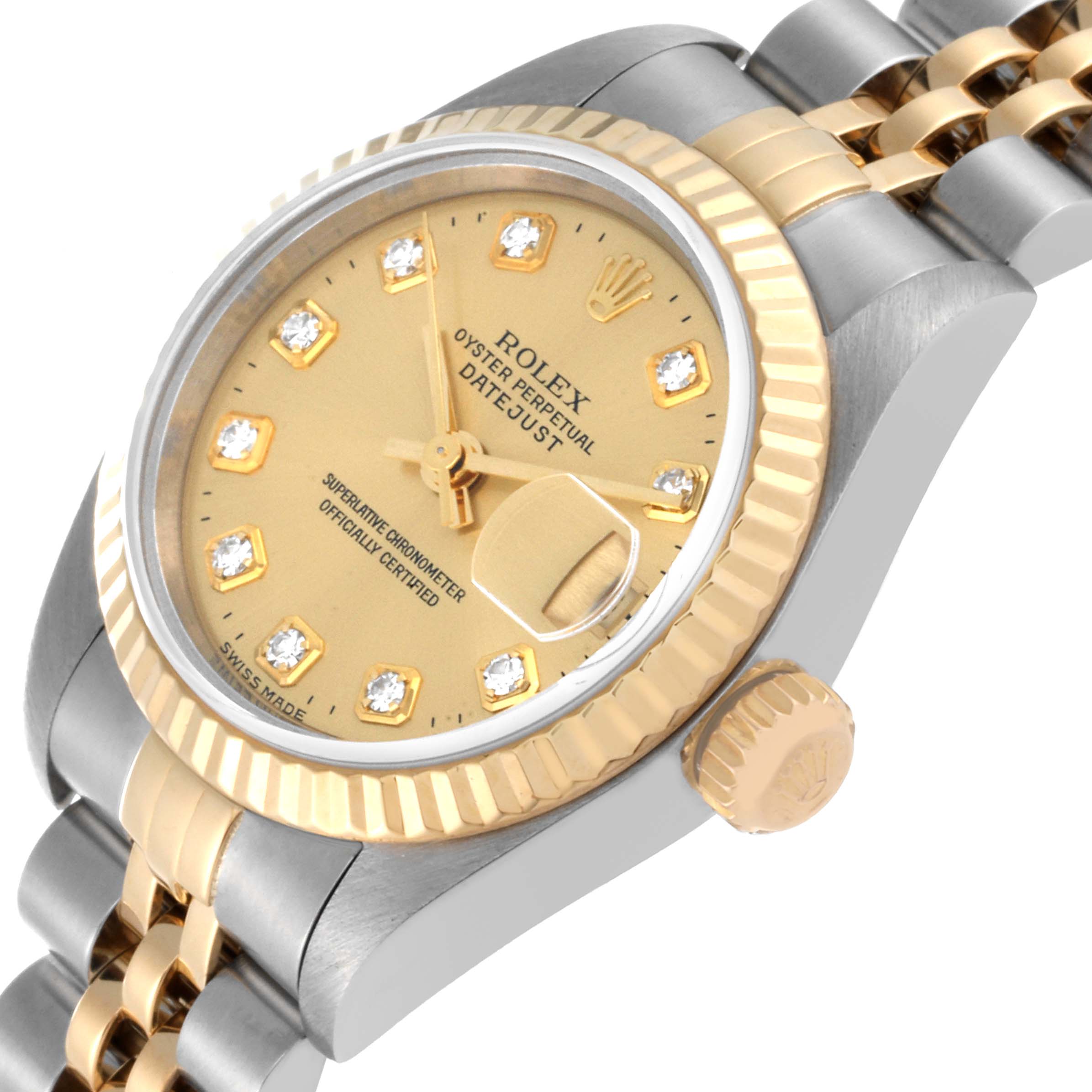 The image shows a close-up view of a Rolex Datejust 79173 Women's Steel and Gold (two tone) Champagne Dial 79173 Women's Steel and Gold (two tone) Champagne Dial watch, focusing on the dial, bezel, crown, and part of the bracelet.