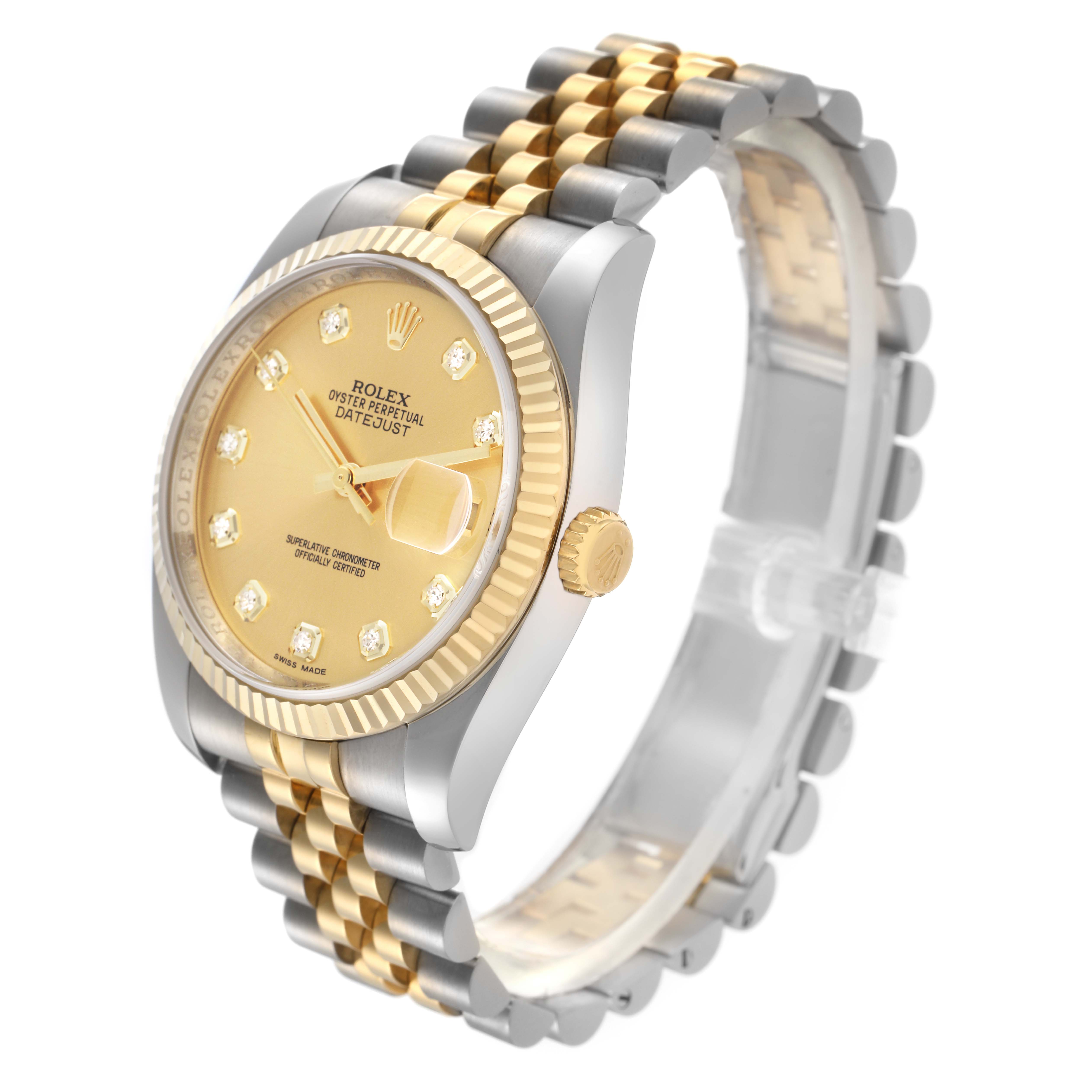 The Rolex Datejust 116233 Men's Steel and Gold (two tone) Champagne Dial 116233 Men's Steel and Gold (two tone) Champagne Dial watch is shown at a three-quarter angle, highlighting the gold and steel bracelet, bezel, crown, and dial.