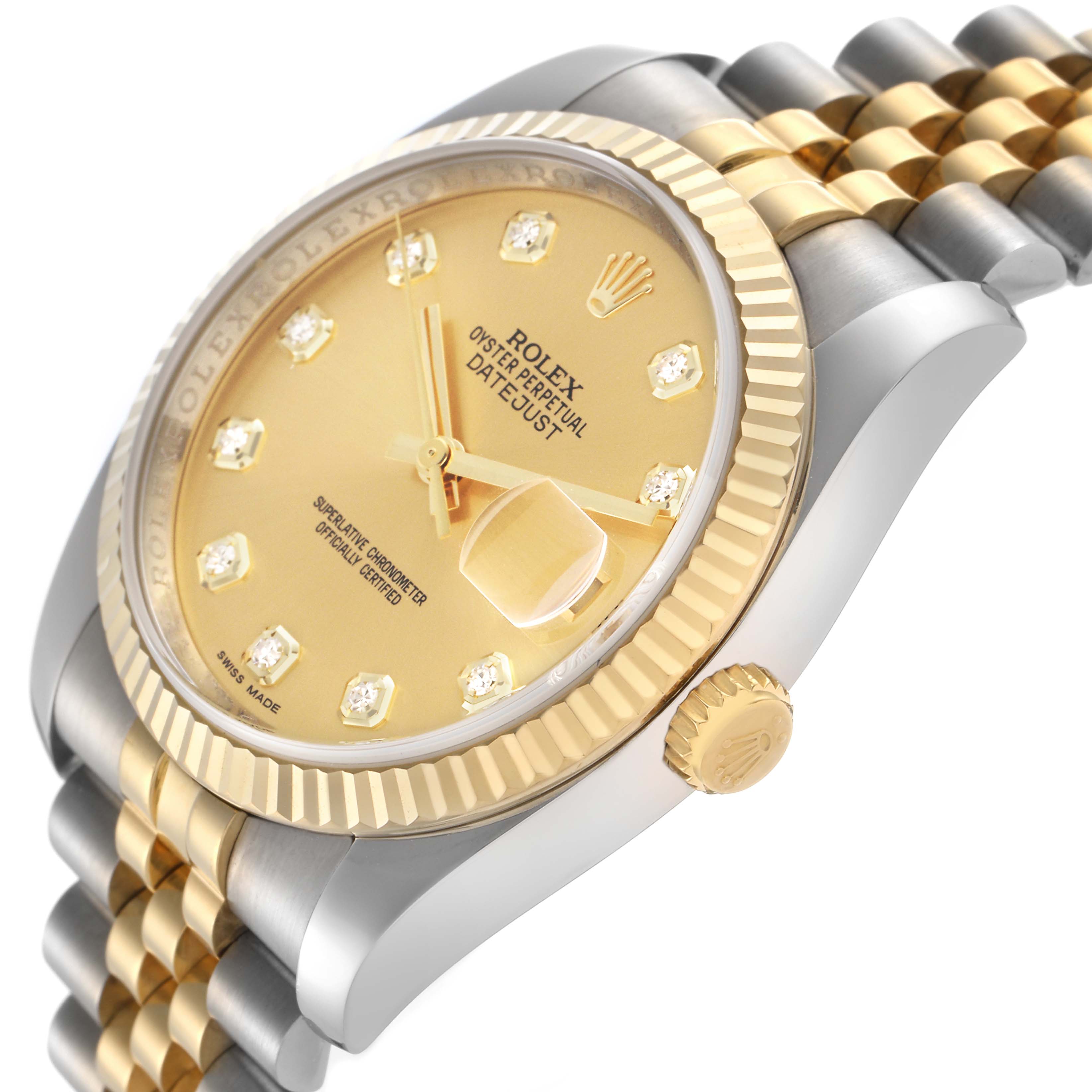 The Rolex Datejust 116233 Men's Steel and Gold (two tone) Champagne Dial 116233 Men's Steel and Gold (two tone) Champagne Dial watch is shown at an angle highlighting the dial, bezel, crown, and part of the bracelet.