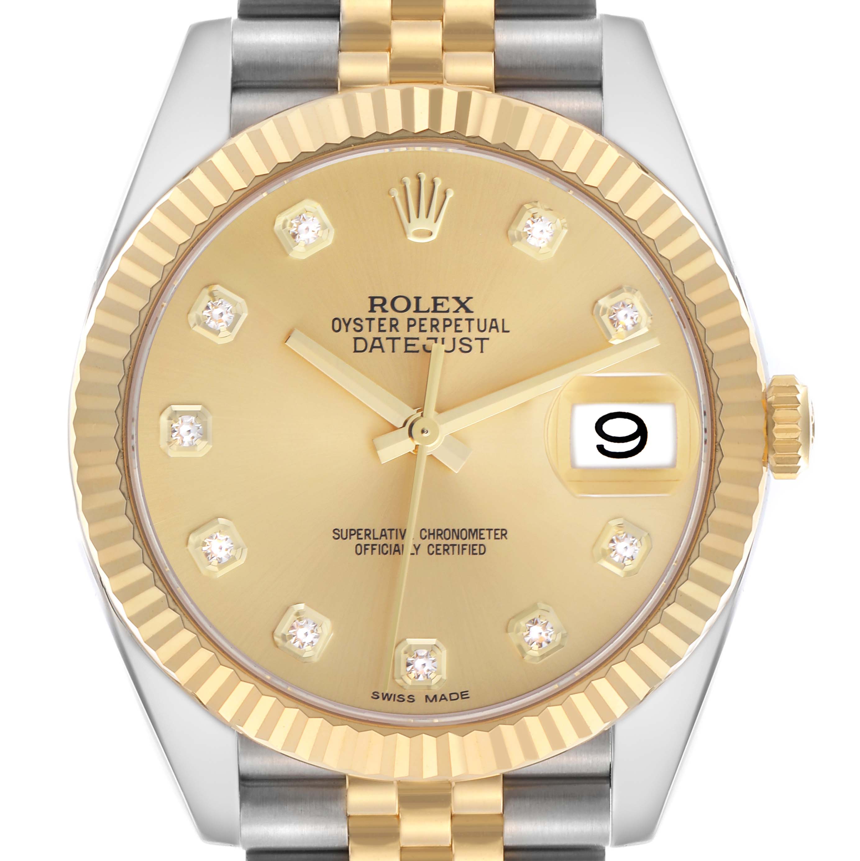 The Rolex Datejust 116233 Men's Steel and Gold (two tone) Champagne Dial 116233 Men's Steel and Gold (two tone) Champagne Dial is shown from a top view, highlighting its gold dial, fluted bezel, and two-tone bracelet.