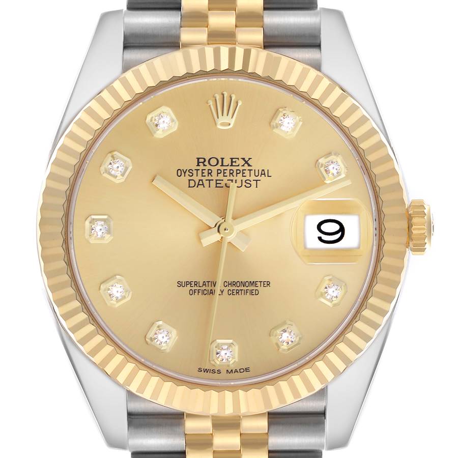The Rolex Datejust is shown from a top view, highlighting its gold dial, fluted bezel, and two-tone bracelet.