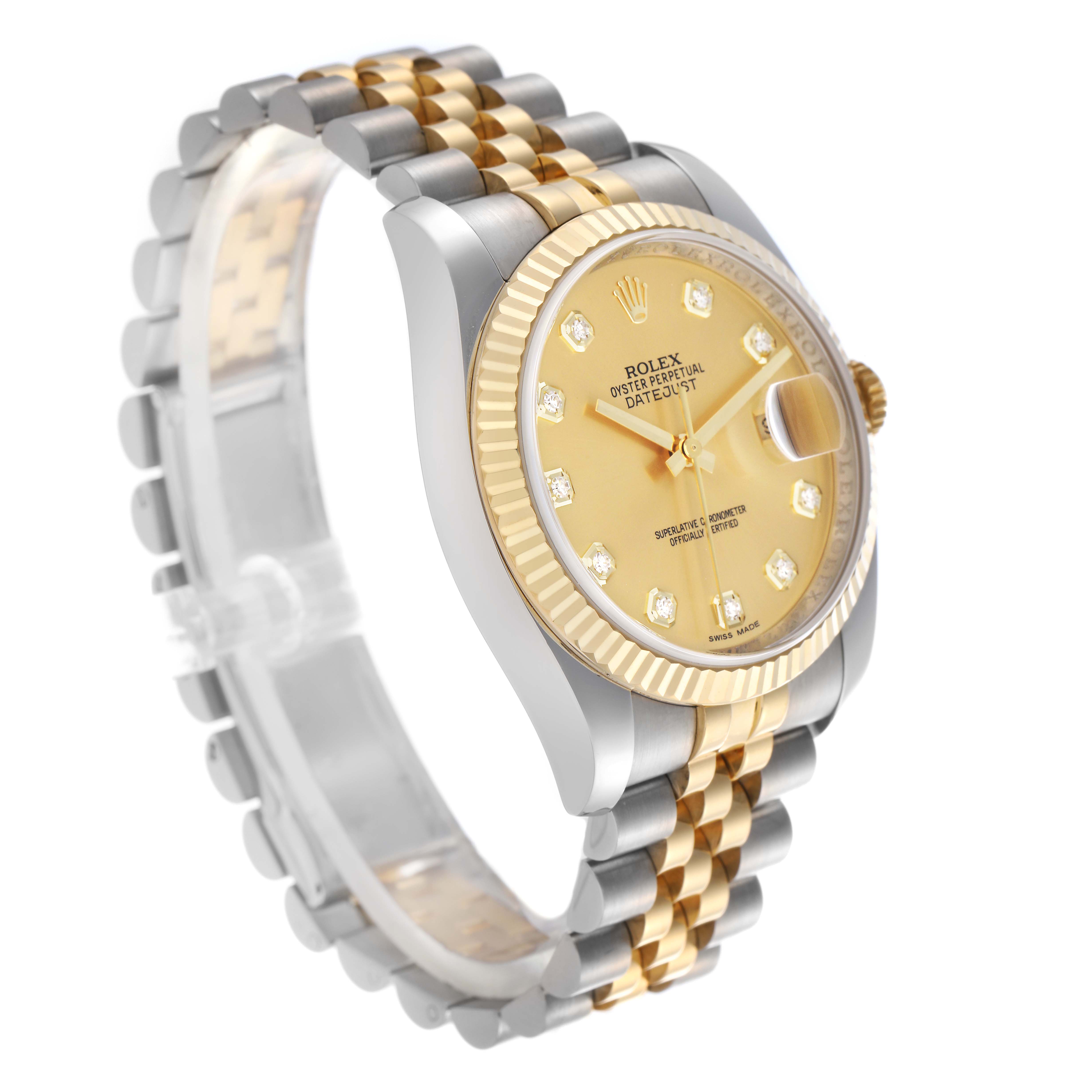 The Rolex Datejust 116233 Men's Steel and Gold (two tone) Champagne Dial 116233 Men's Steel and Gold (two tone) Champagne Dial watch is shown at a slight angle, displaying its dial, bezel, and two-tone bracelet.