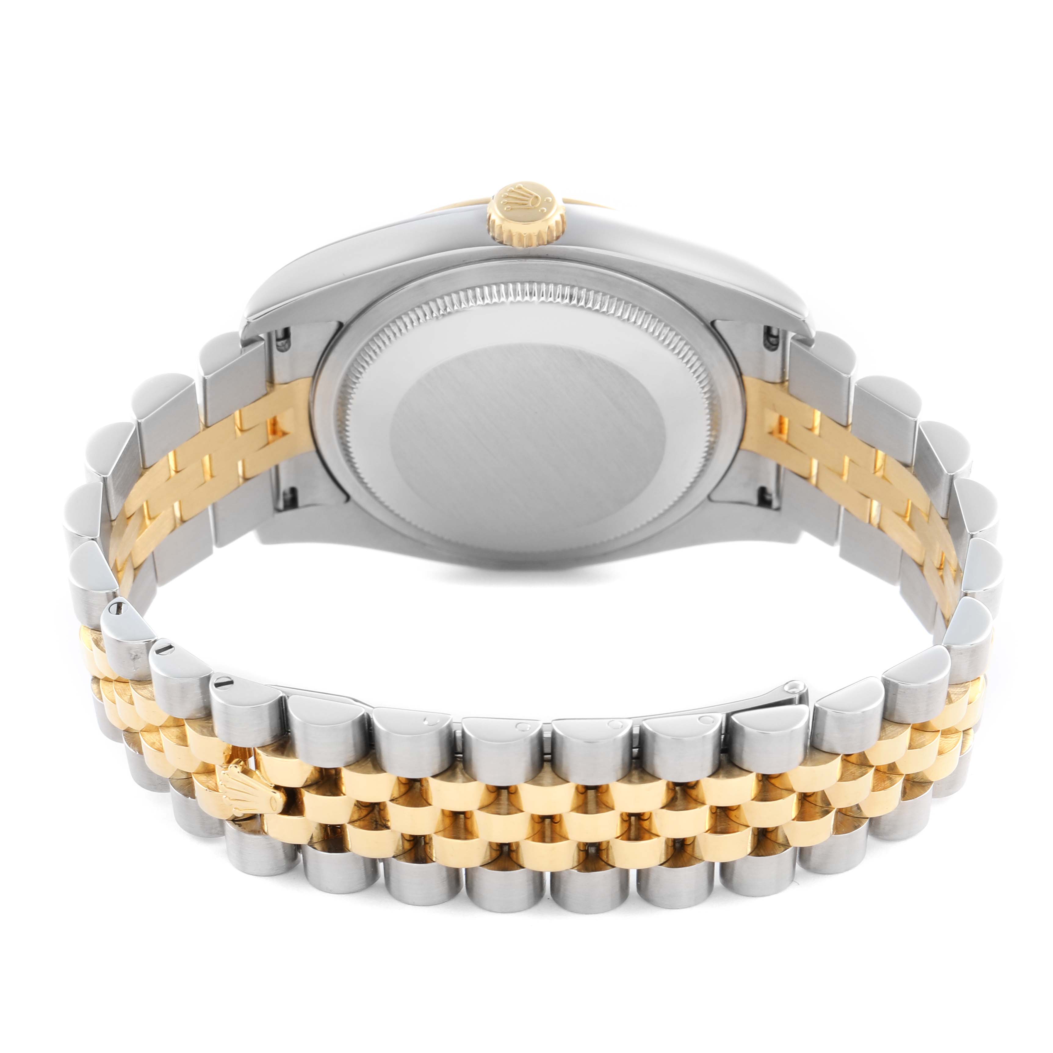 The image shows the back view of a Rolex Datejust 116233 Men's Steel and Gold (two tone) Champagne Dial 116233 Men's Steel and Gold (two tone) Champagne Dial watch, highlighting the case back, crown, and two-tone bracelet.