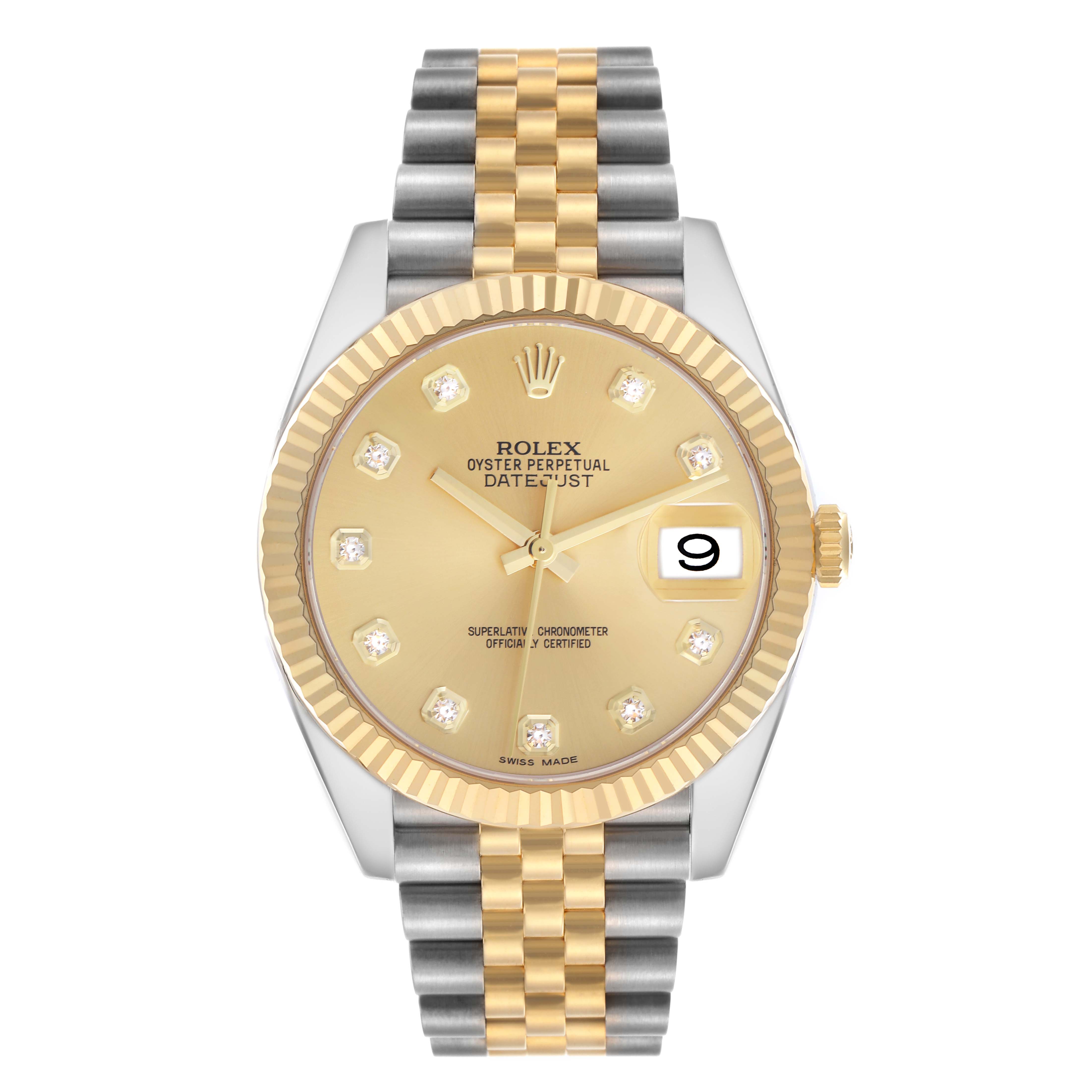 The Rolex Datejust 116233 Men's Steel and Gold (two tone) Champagne Dial 116233 Men's Steel and Gold (two tone) Champagne Dial watch is shown from the front, displaying the dial, bezel, and bracelet.