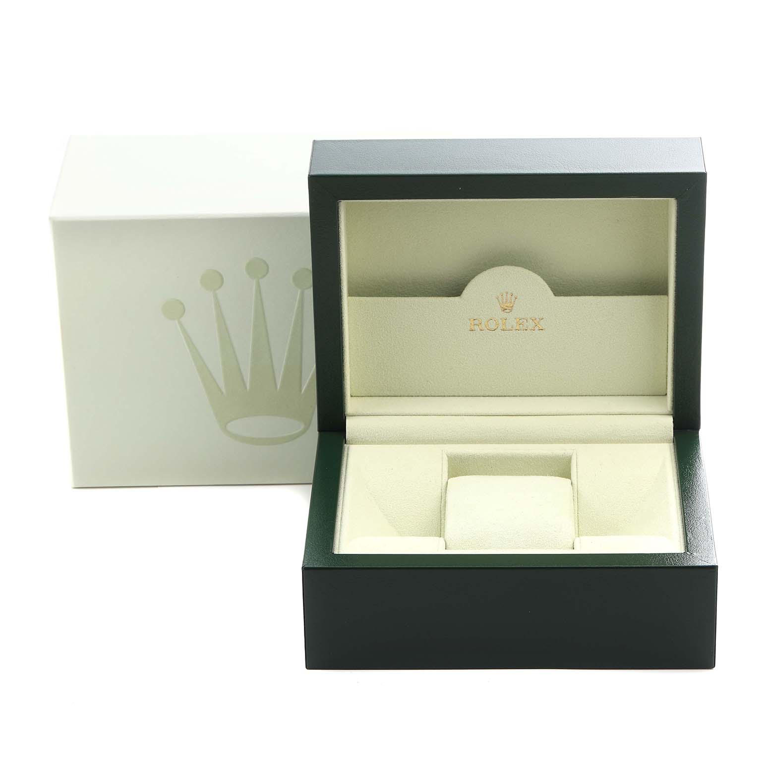 The image shows an open Rolex Datejust 116233 Men's Steel and Gold (two tone) Champagne Dial 116233 Men's Steel and Gold (two tone) Champagne Dial watch box at a front angle, with the outer packaging to the side.