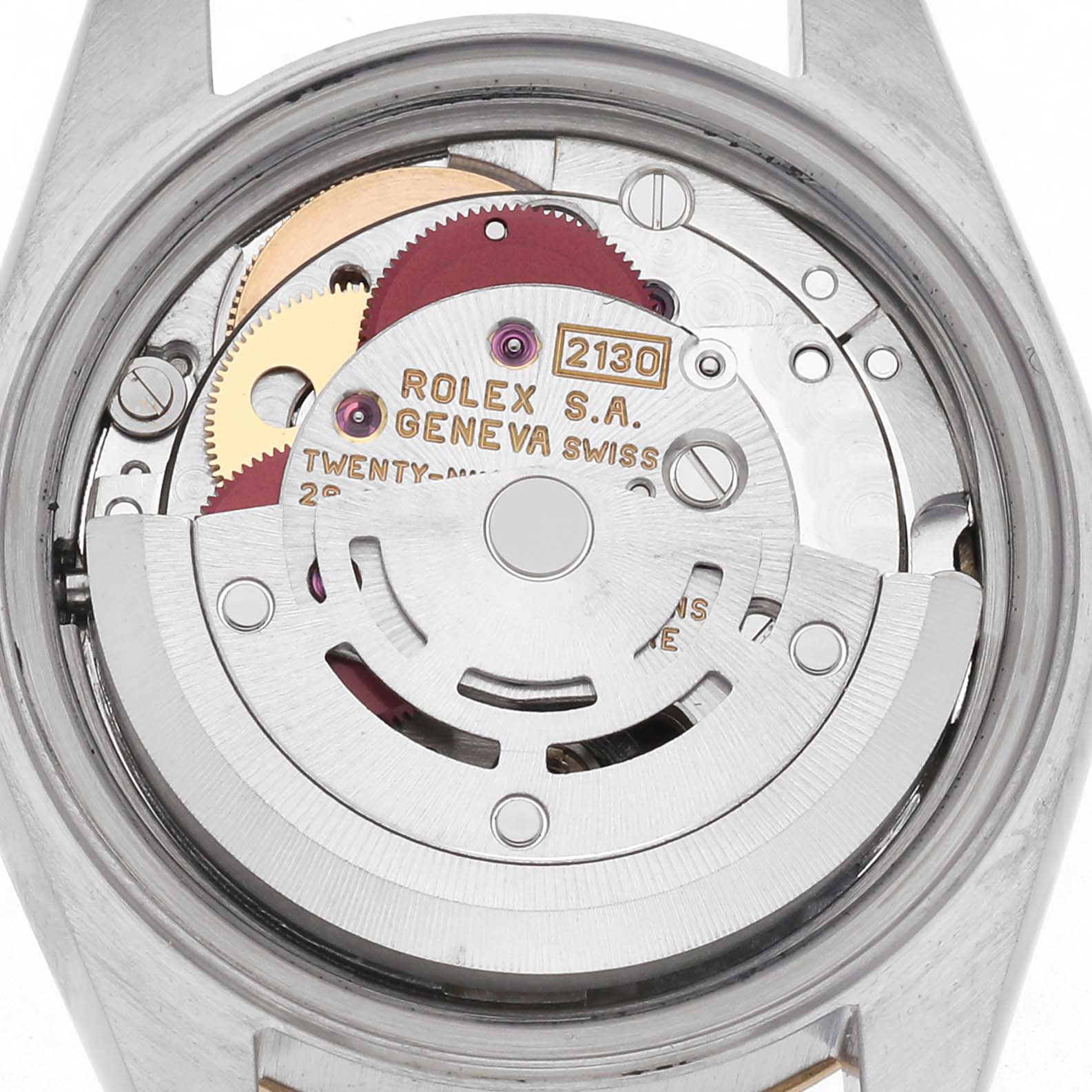 The image shows a back view of the Rolex Datejust 69173 Women's Steel and Gold (two tone) White Dial 69173 Women's Steel and Gold (two tone) White Dial, displaying its intricate movement.