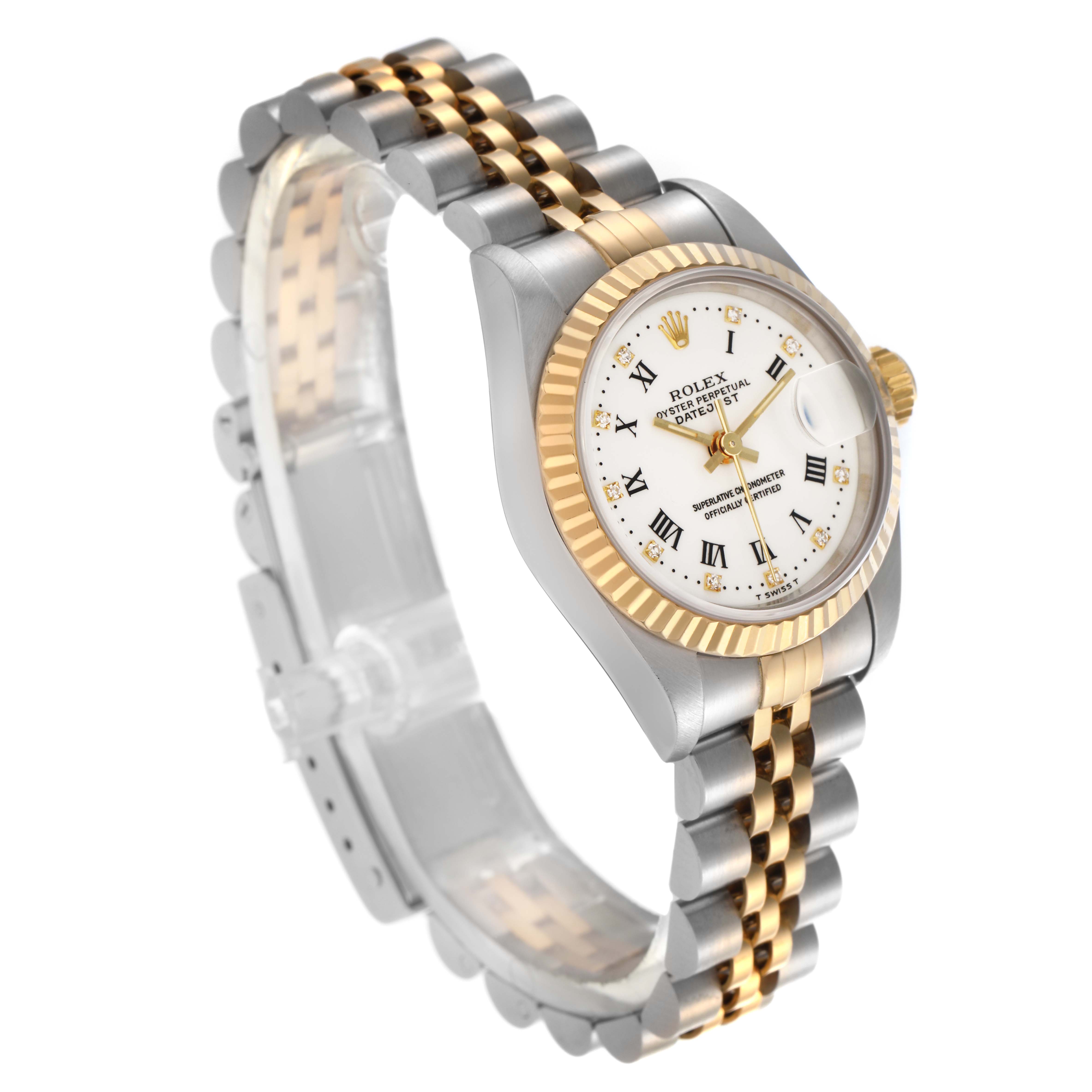The Rolex Datejust 69173 Women's Steel and Gold (two tone) White Dial 69173 Women's Steel and Gold (two tone) White Dial watch is shown at an angled side view, highlighting the dial, bezel, and two-tone bracelet.
