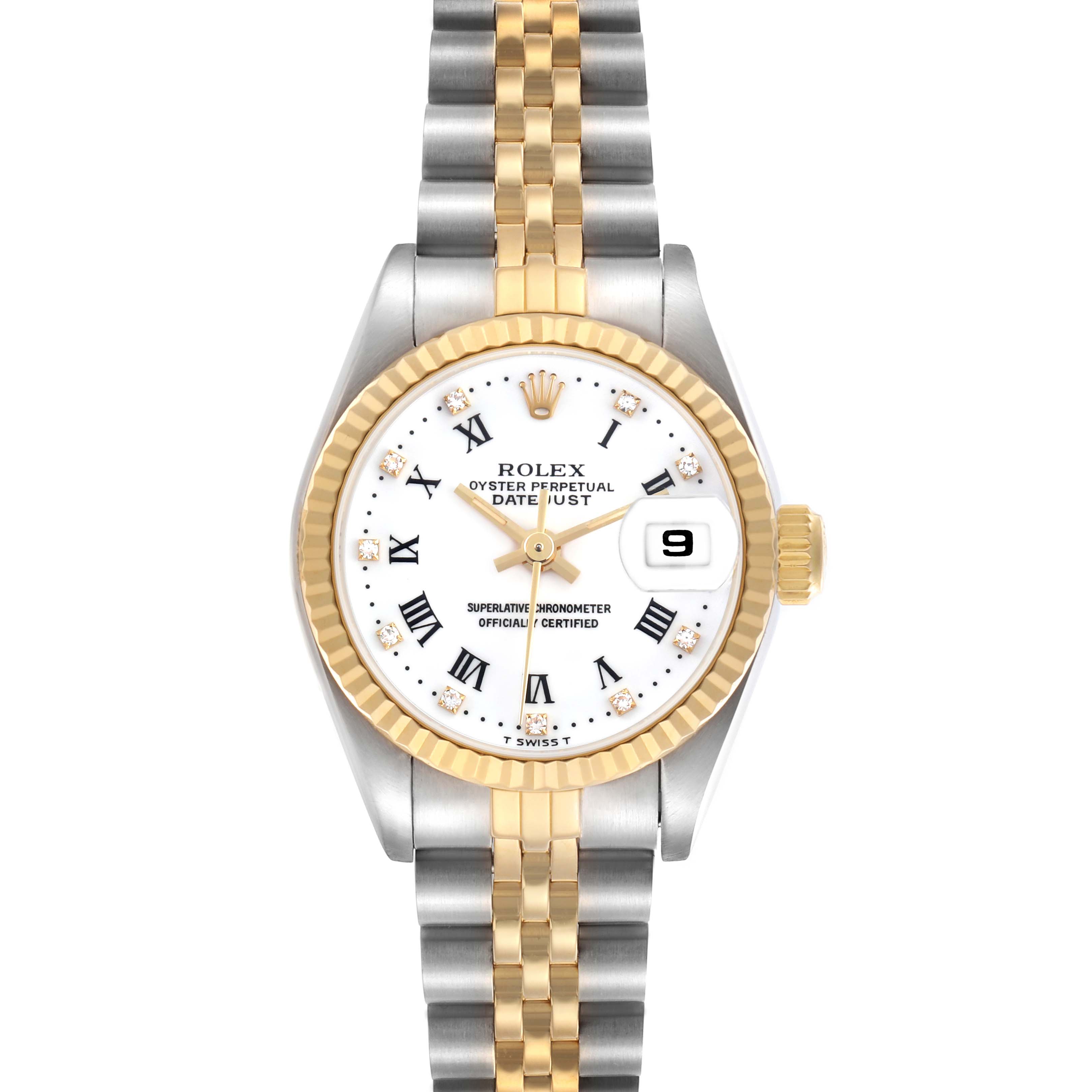 The Rolex Datejust 69173 Women's Steel and Gold (two tone) White Dial 69173 Women's Steel and Gold (two tone) White Dial watch is shown from a top-down view, highlighting its bezel, dial, bracelet, and crown.