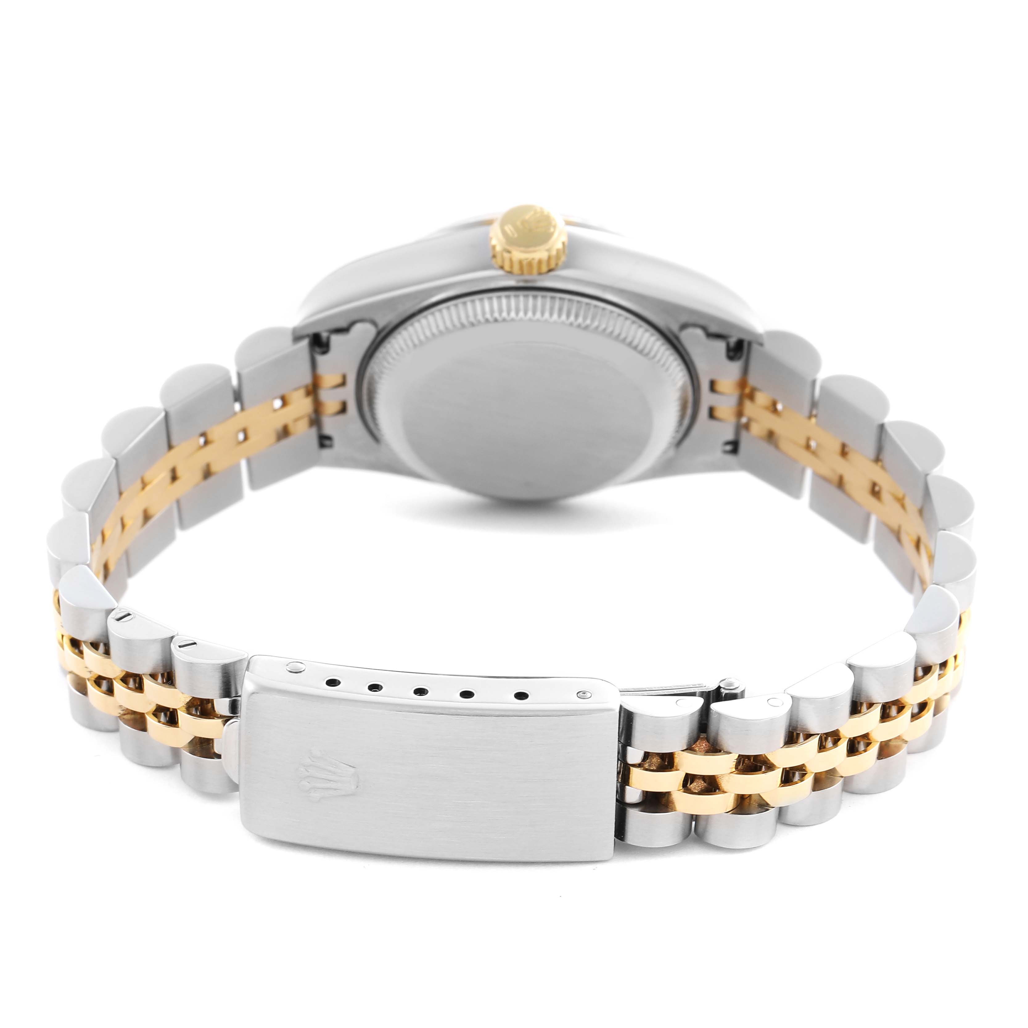 The image shows the back and clasp of a Rolex Datejust 69173 Women's Steel and Gold (two tone) White Dial 69173 Women's Steel and Gold (two tone) White Dial, highlighting the bracelet and crown.