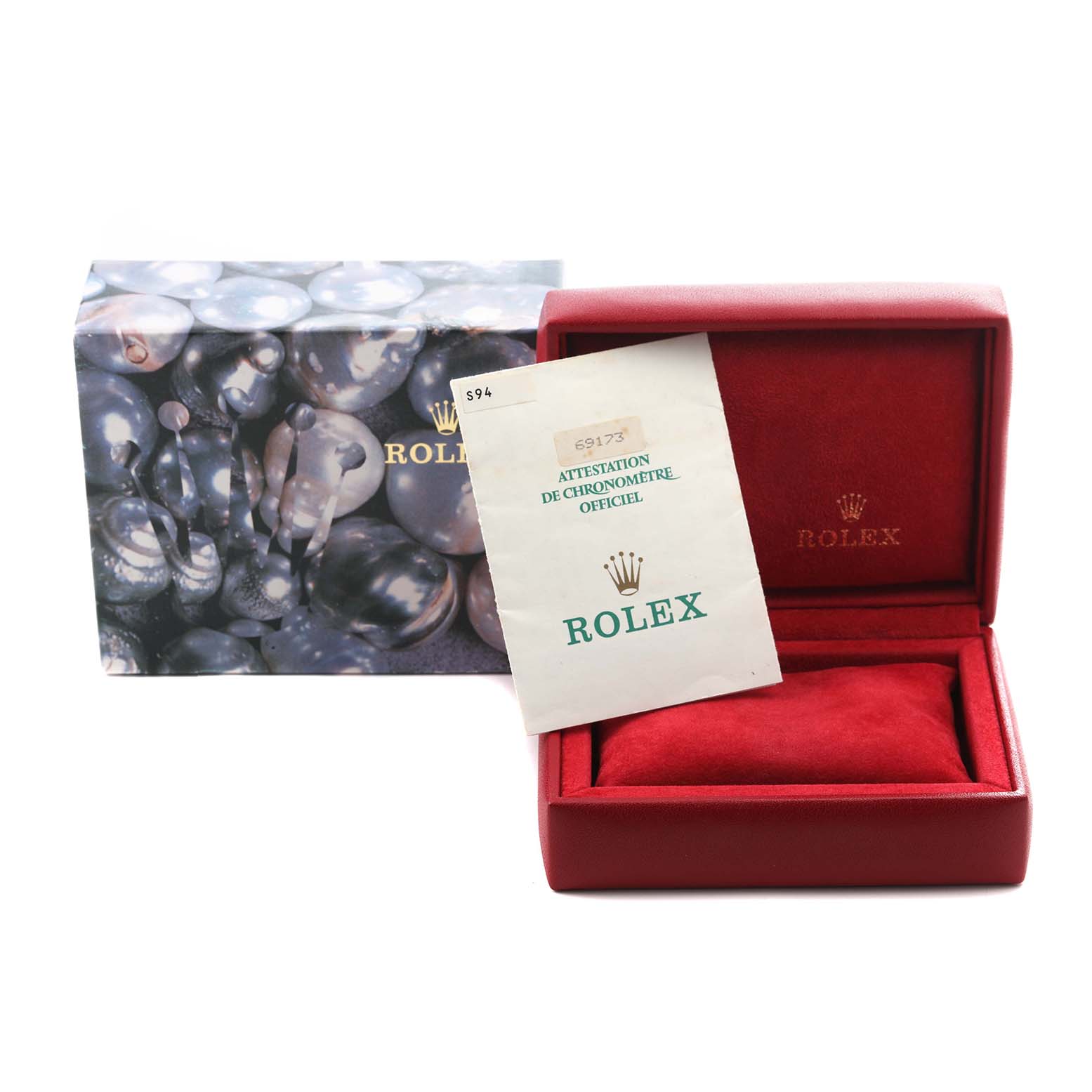 The image shows a Rolex Datejust 69173 Women's Steel and Gold (two tone) White Dial 69173 Women's Steel and Gold (two tone) White Dial box and papers, including a red box and certificate, with no watch visible.