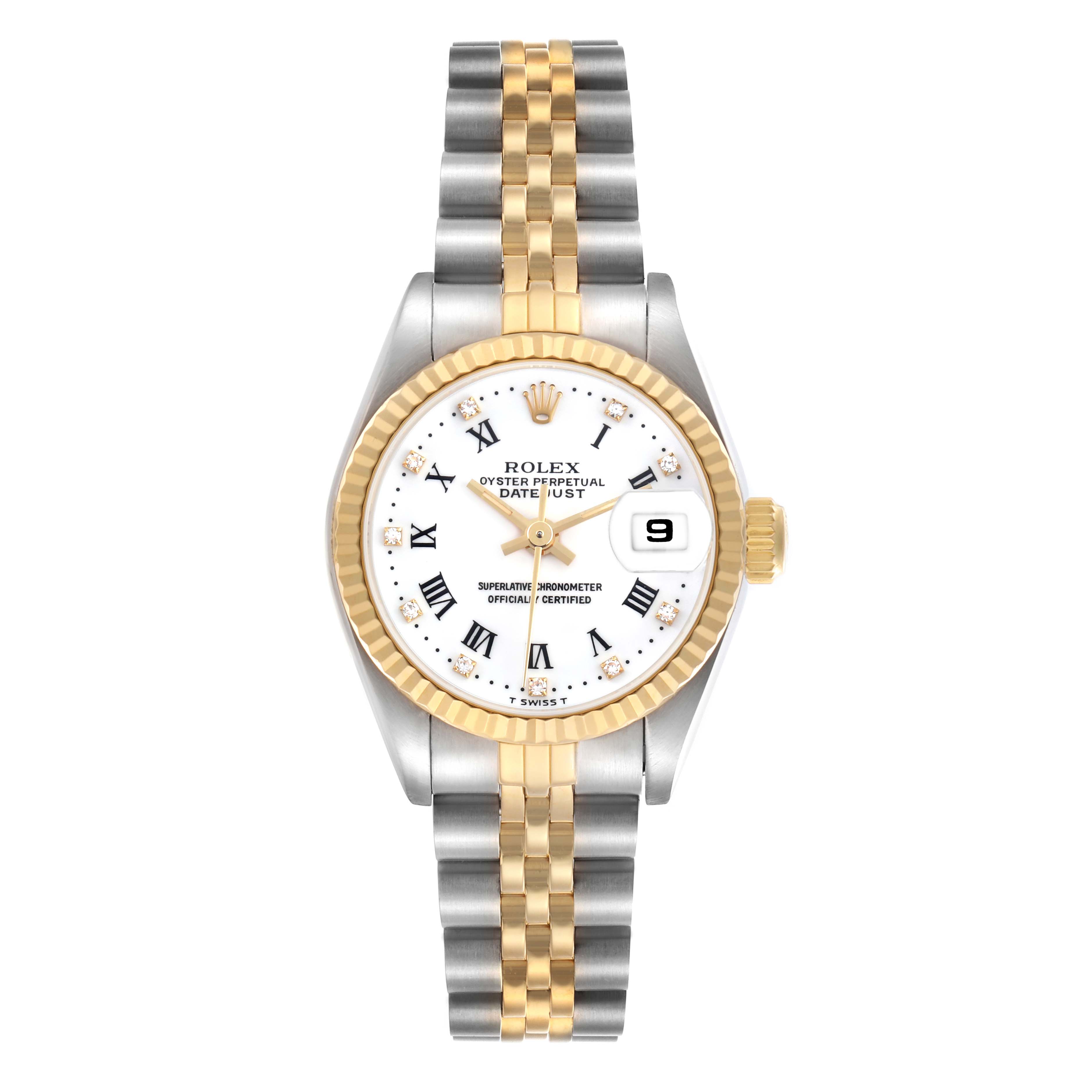 The Rolex Datejust 69173 Women's Steel and Gold (two tone) White Dial 69173 Women's Steel and Gold (two tone) White Dial watch is shown from a front angle, highlighting the face, bezel, crown, and two-tone bracelet.