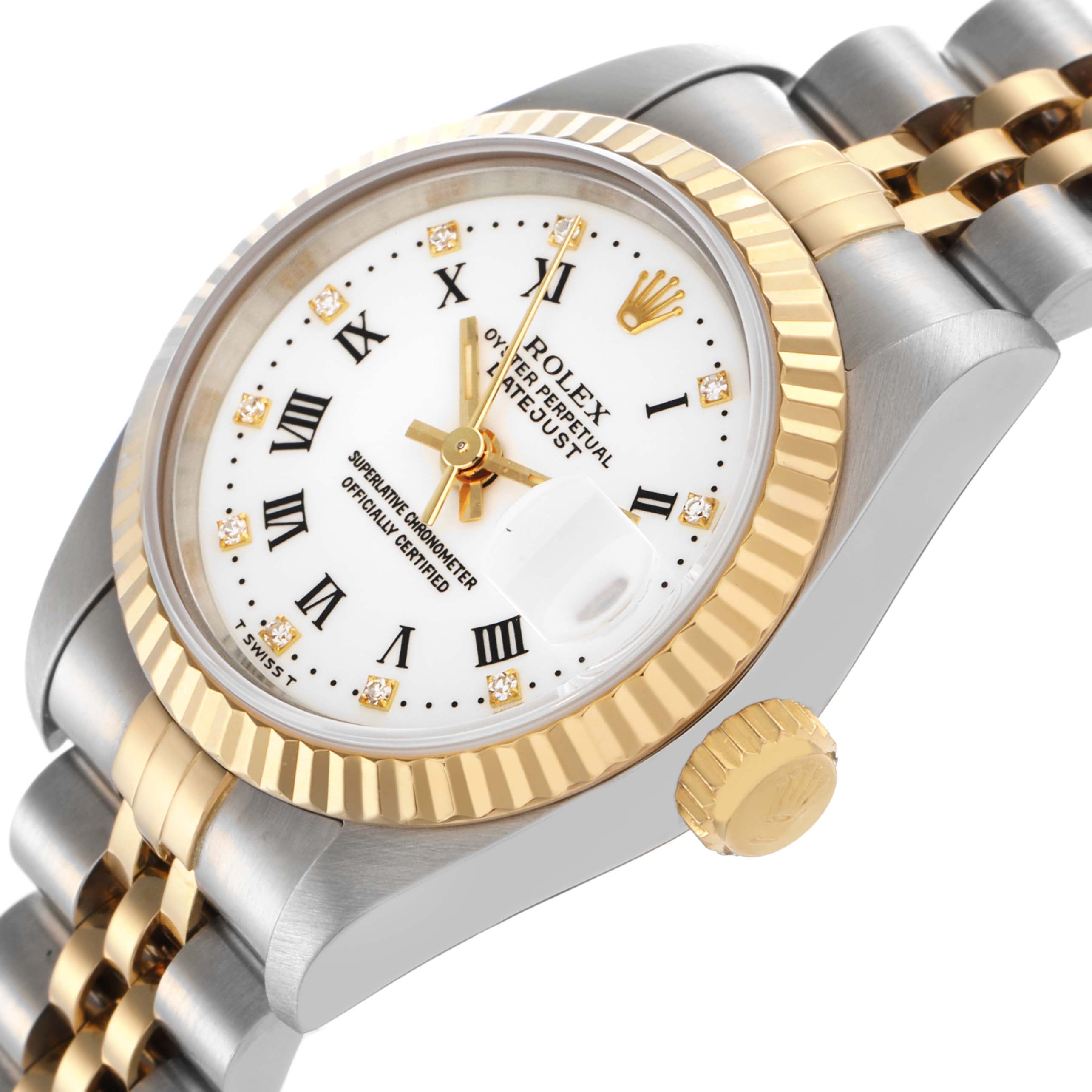 The Rolex Datejust 69173 Women's Steel and Gold (two tone) White Dial 69173 Women's Steel and Gold (two tone) White Dial watch is shown at an angled side view, displaying the dial, bezel, crown, and part of the jubilee bracelet.