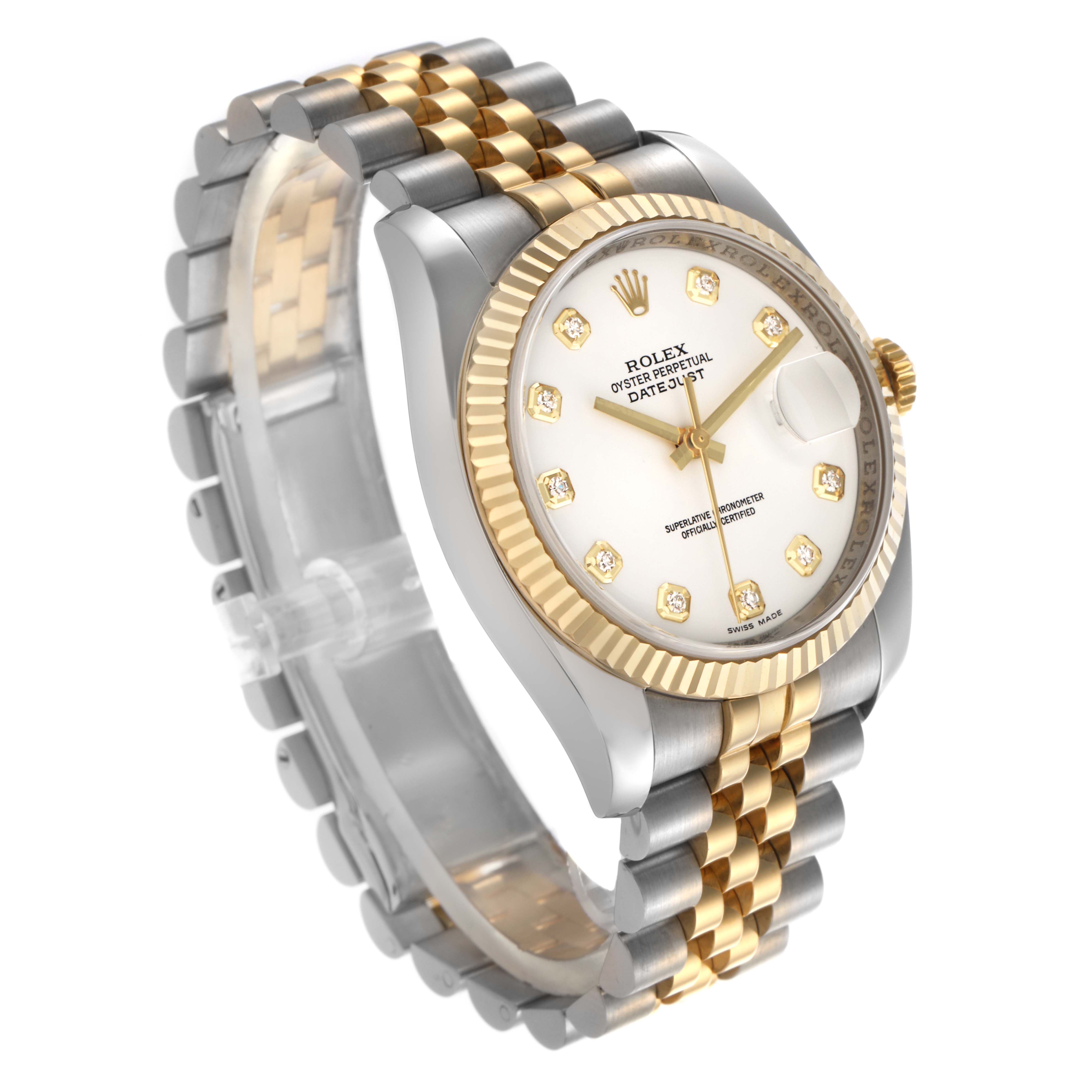 The Rolex Datejust 116233 Men's Steel and Gold (two tone) White Dial 116233 Men's Steel and Gold (two tone) White Dial watch is shown at an angle highlighting the dial, fluted bezel, and Jubilee bracelet.