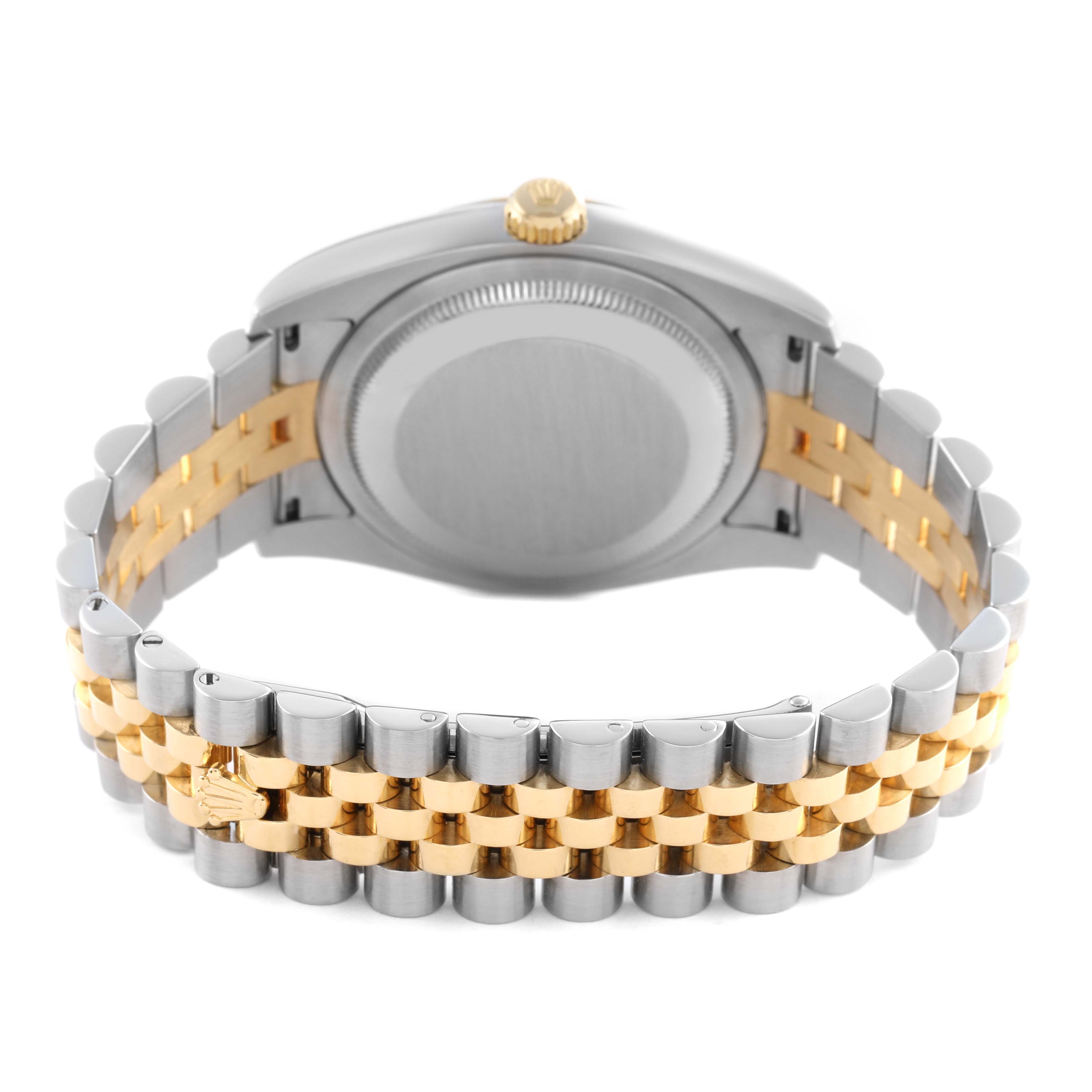 The Rolex Datejust 116233 Men's Steel and Gold (two tone) White Dial 116233 Men's Steel and Gold (two tone) White Dial watch is shown from the back, highlighting the case back, crown, and two-tone bracelet.