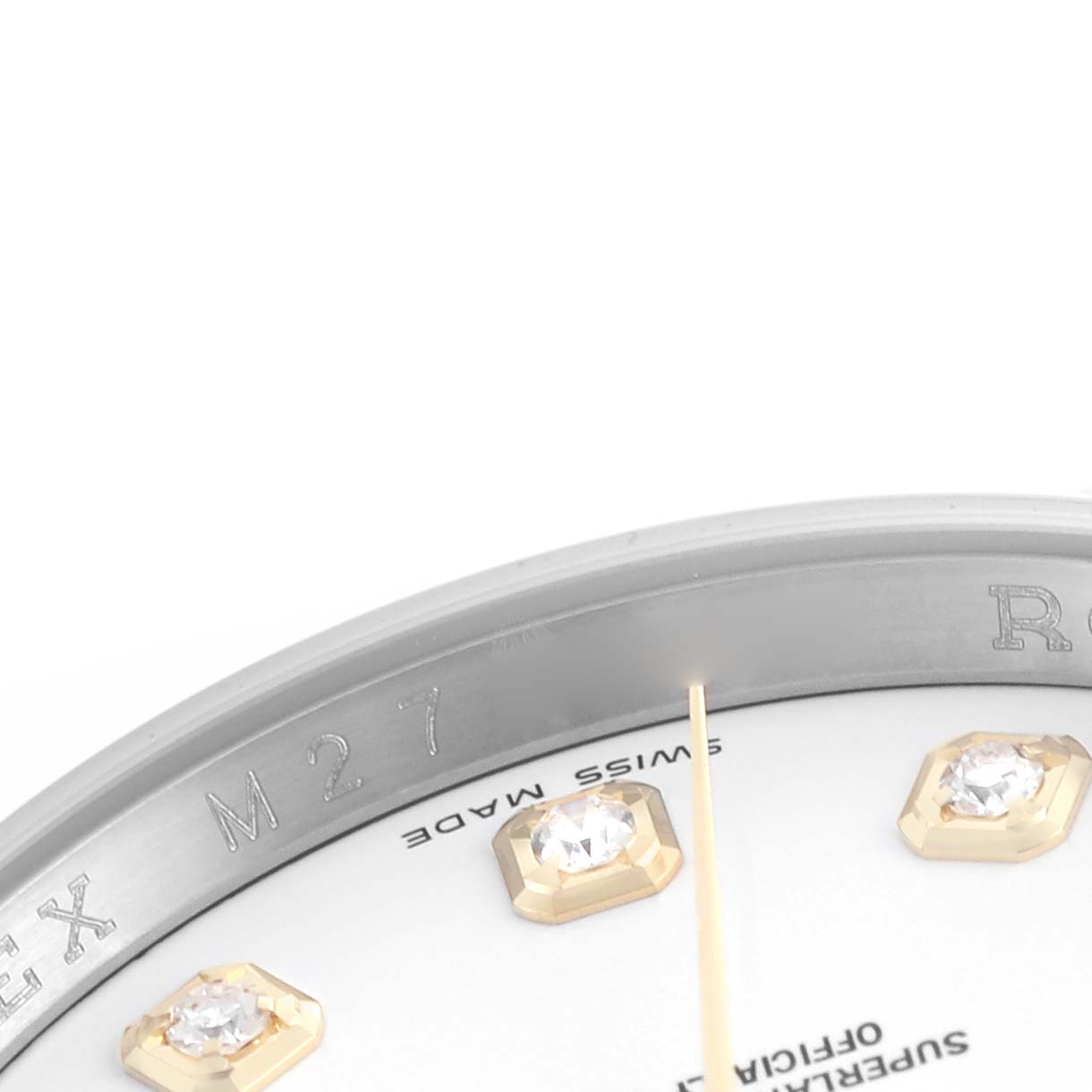 The image shows a close-up of the Rolex Datejust 116233 Men's Steel and Gold (two tone) White Dial 116233 Men's Steel and Gold (two tone) White Dial's dial edge, with diamond indices and part of the inner bezel.