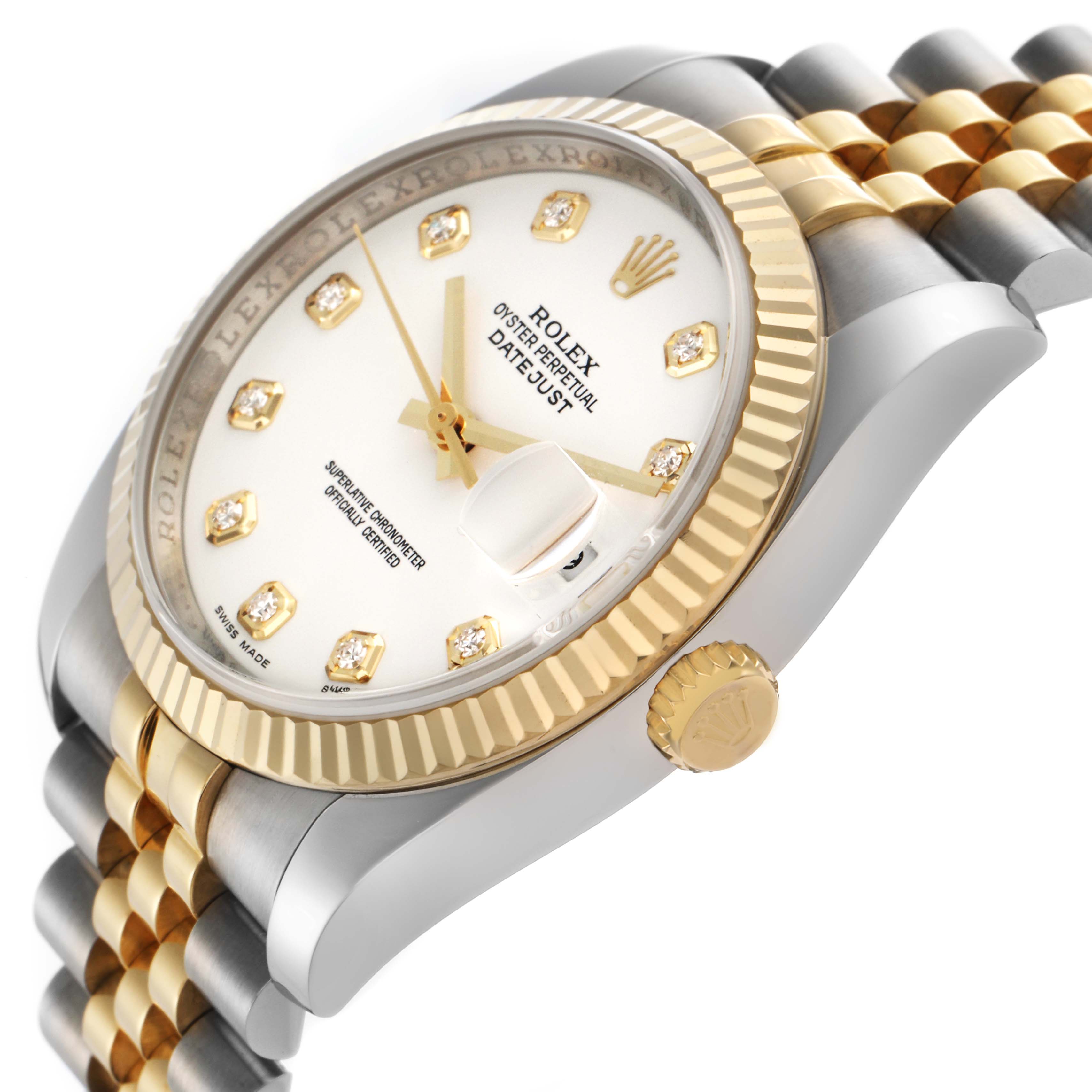 The Rolex Datejust 116233 Men's Steel and Gold (two tone) White Dial 116233 Men's Steel and Gold (two tone) White Dial is shown at an angle highlighting the dial, fluted bezel, crown, and part of the Jubilee bracelet.
