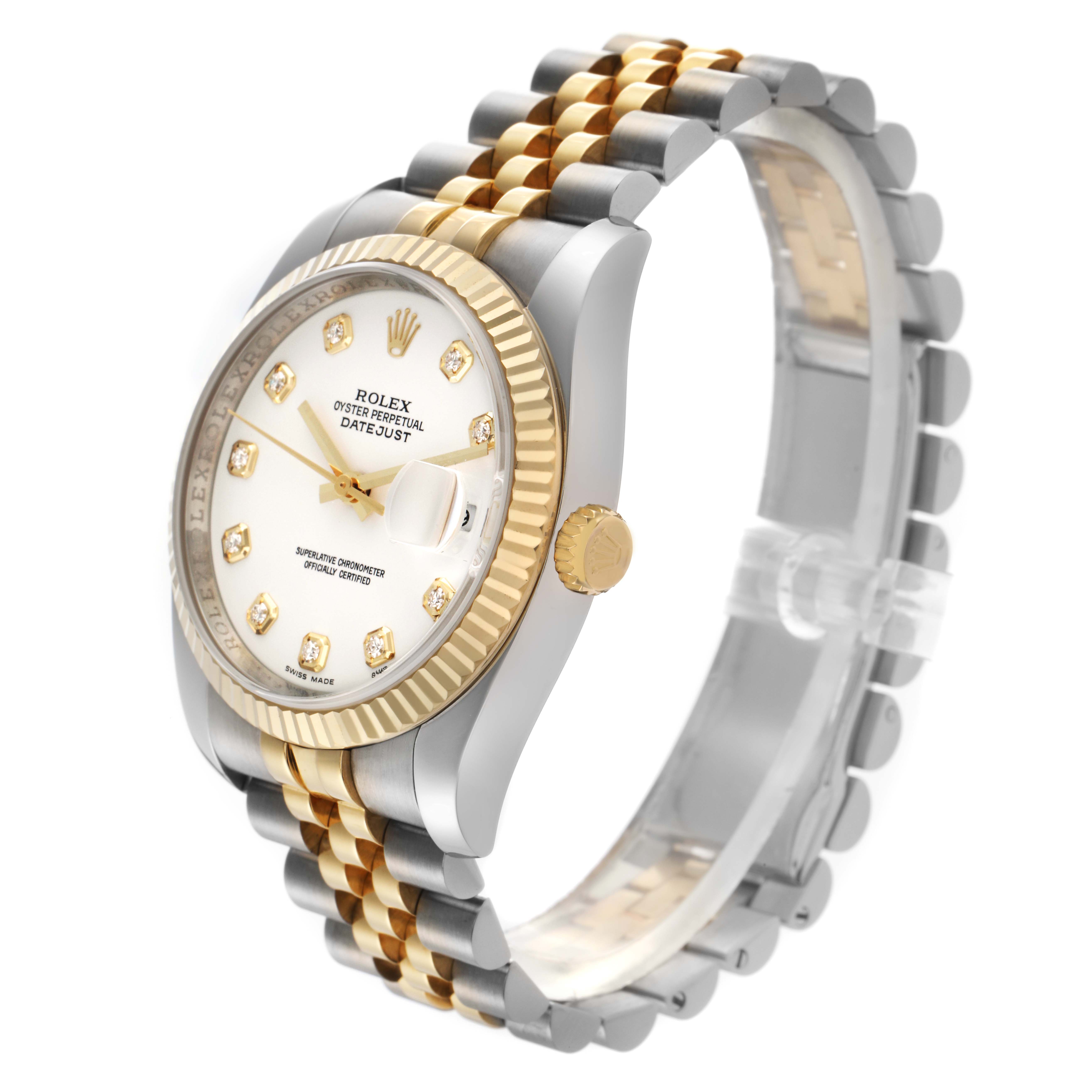 The Rolex Datejust 116233 Men's Steel and Gold (two tone) White Dial 116233 Men's Steel and Gold (two tone) White Dial watch is shown at a three-quarter angle, highlighting the dial, bezel, crown, and jubilee bracelet.