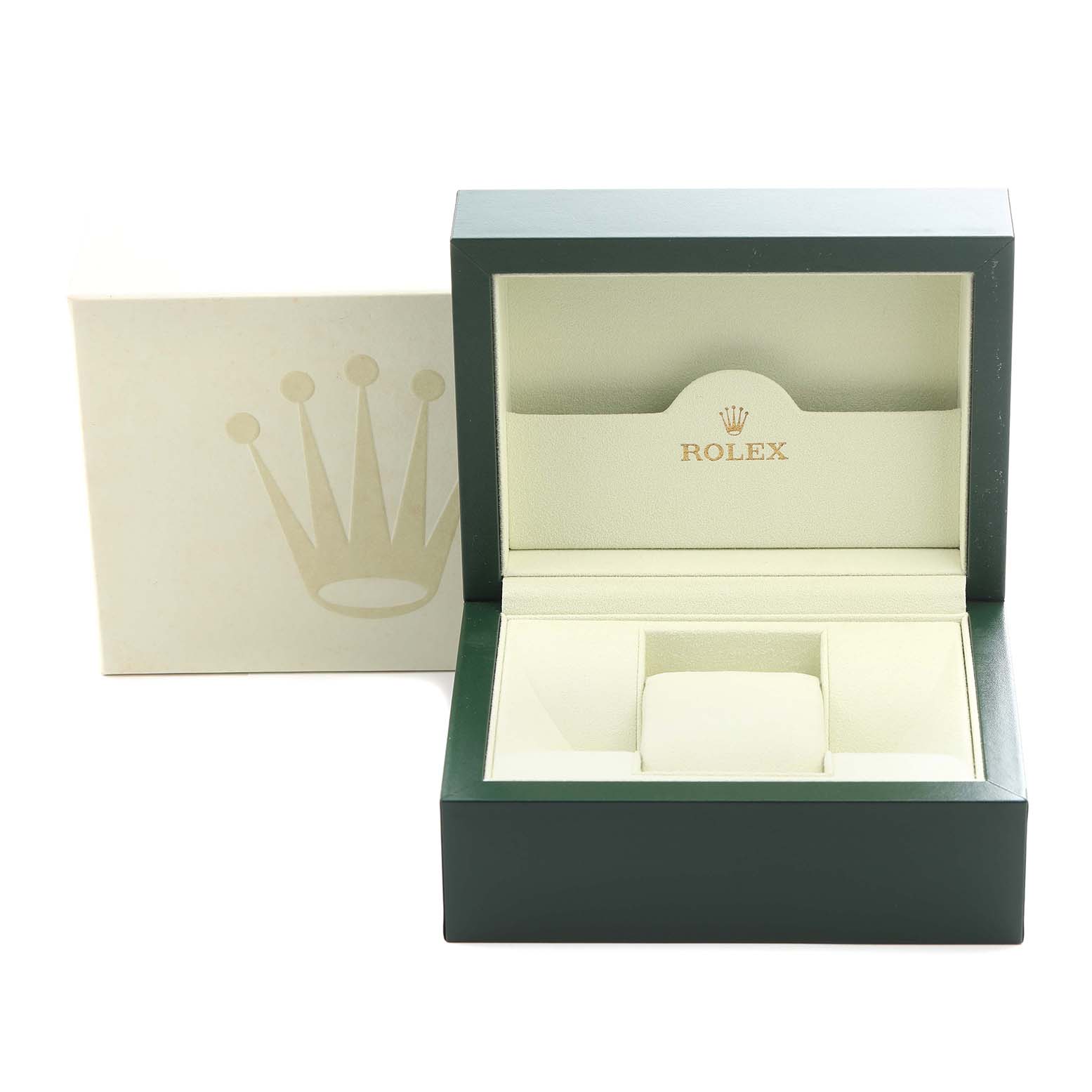 The image shows an open Rolex Datejust 116233 Men's Steel and Gold (two tone) White Dial 116233 Men's Steel and Gold (two tone) White Dial watch box with a cushion, viewed from the front and slightly above.