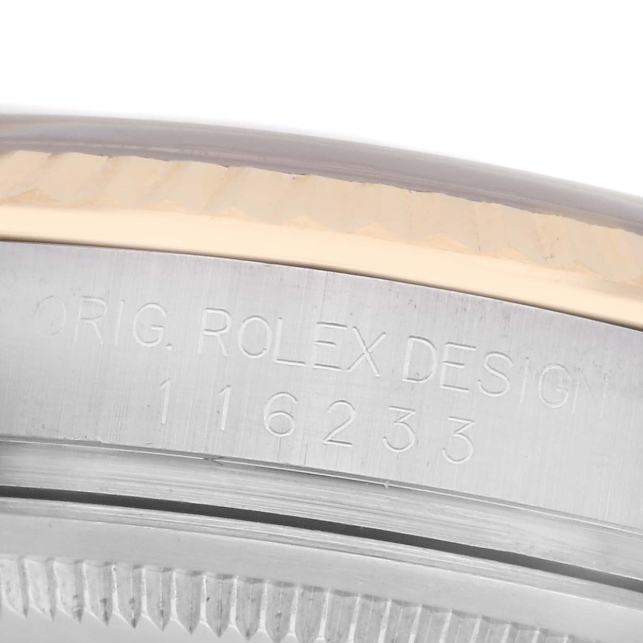 The image shows the side view of the Rolex Datejust 116233 Men's Steel and Gold (two tone) White Dial 116233 Men's Steel and Gold (two tone) White Dial, highlighting the engraved model number on the case.