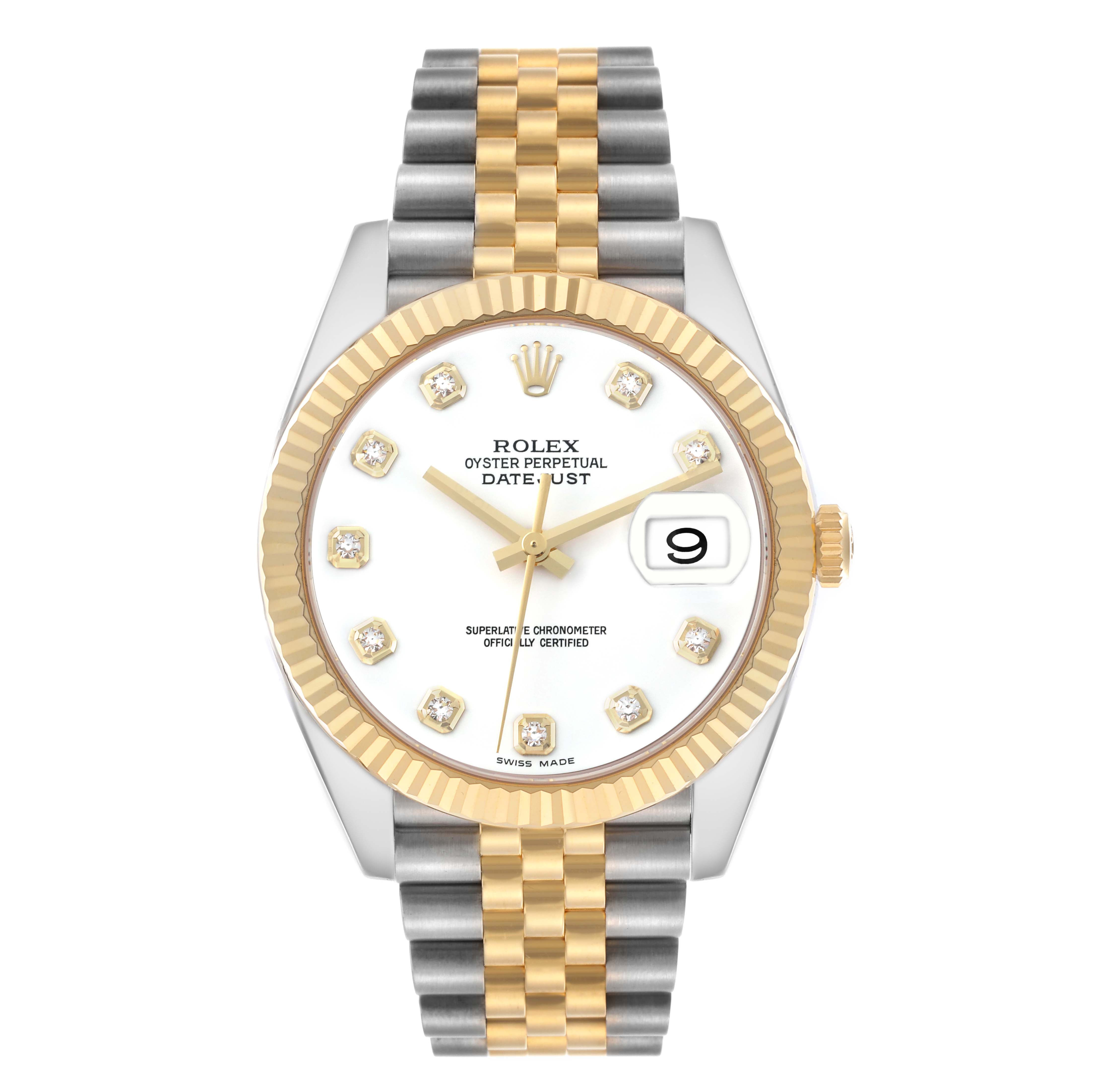 The Rolex Datejust 116233 Men's Steel and Gold (two tone) White Dial 116233 Men's Steel and Gold (two tone) White Dial watch is shown from the front, displaying the dial, bezel, crown, and Jubilee bracelet.