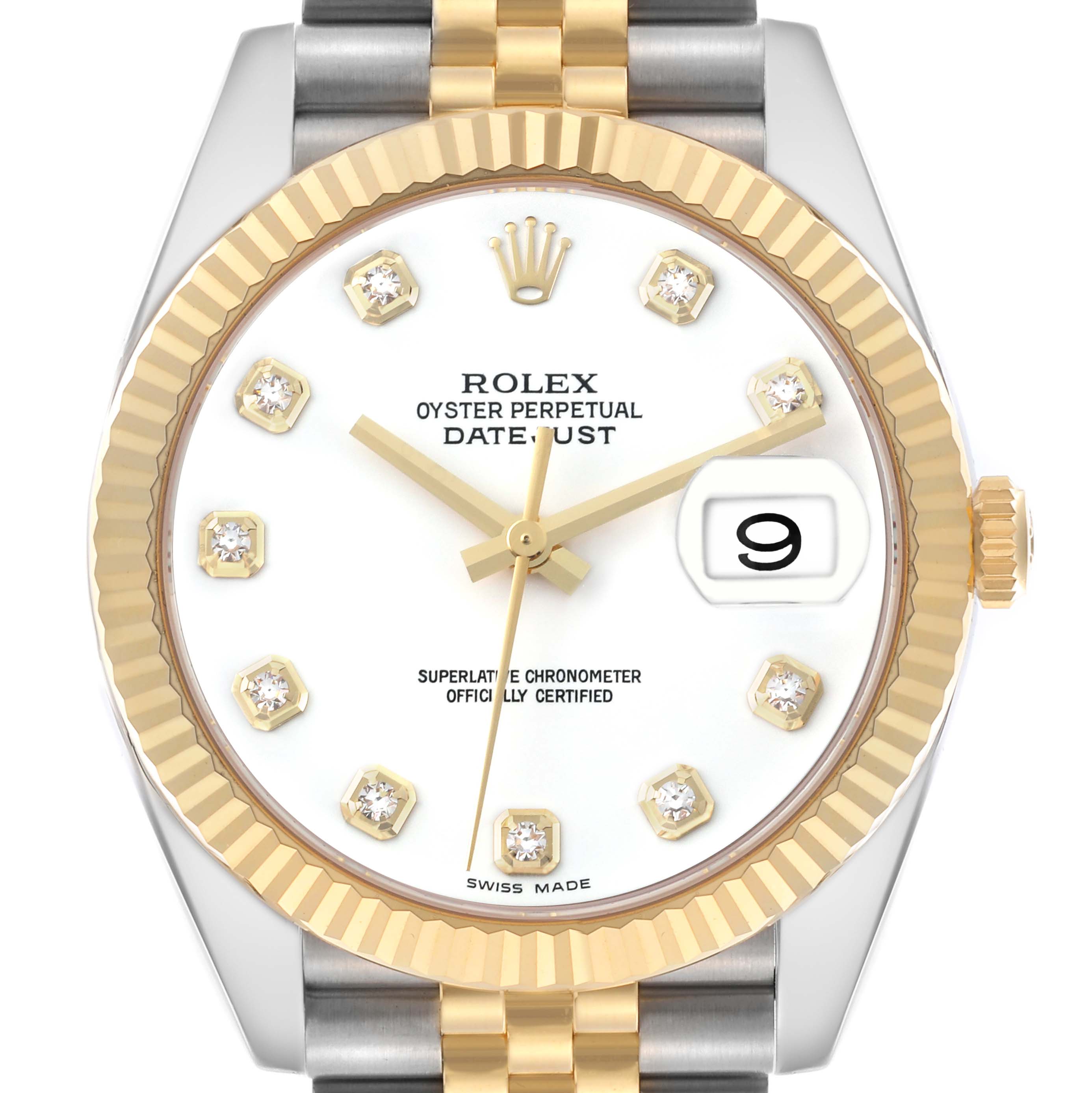 The Rolex Datejust 116233 Men's Steel and Gold (two tone) White Dial 116233 Men's Steel and Gold (two tone) White Dial watch is shown from the front, highlighting the dial, gold fluted bezel, and part of the two-tone bracelet.