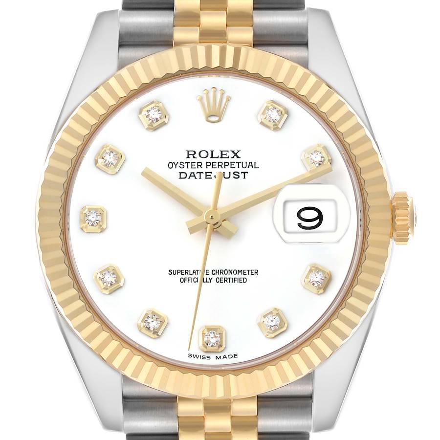 The Rolex Datejust watch is shown from the front, highlighting the dial, gold fluted bezel, and part of the two-tone bracelet.