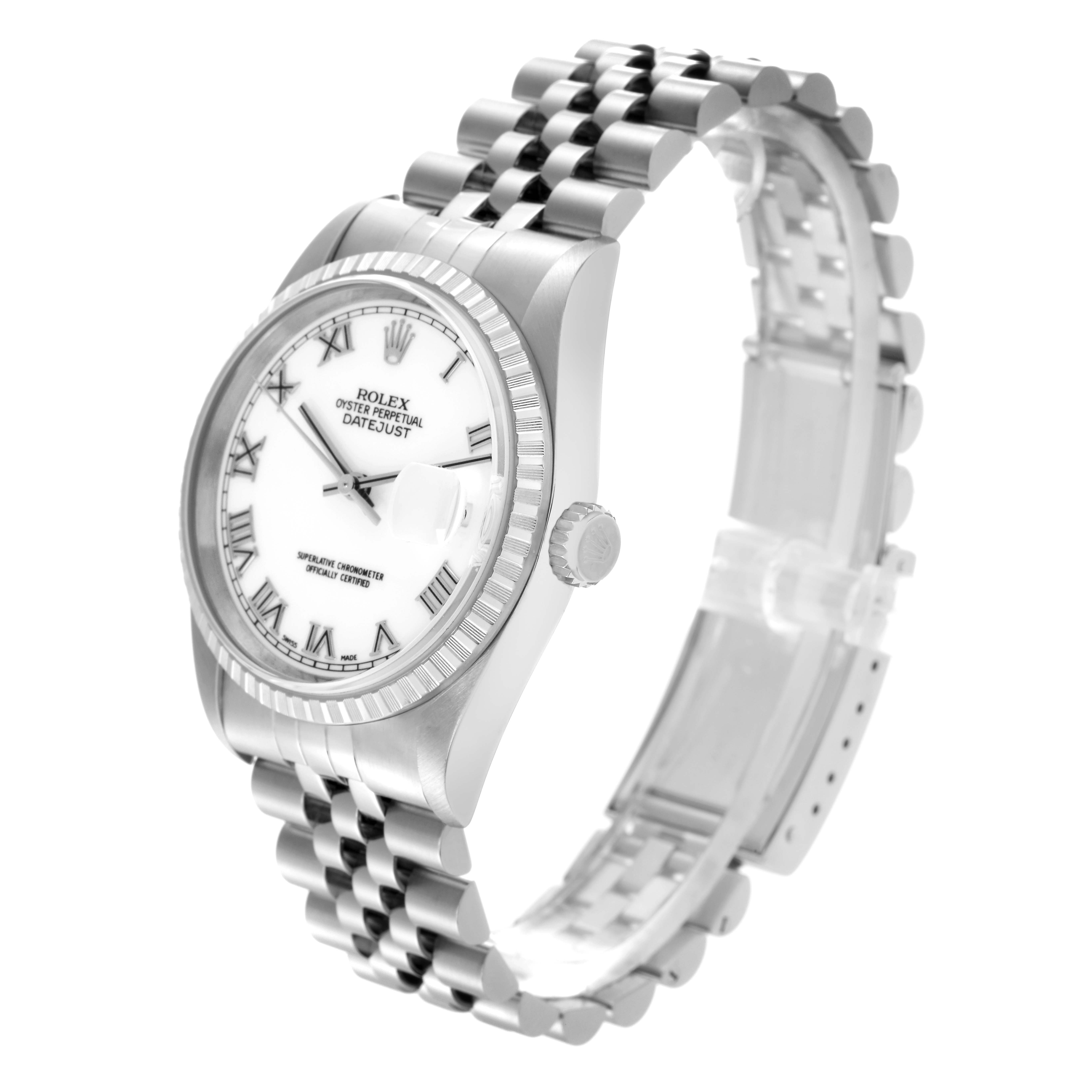 The Rolex Datejust 16220 Men's Stainless Steel White Dial 16220 Men's Stainless Steel White Dial watch is shown at a three-quarter angle, displaying the dial, case, bezel, crown, and bracelet.