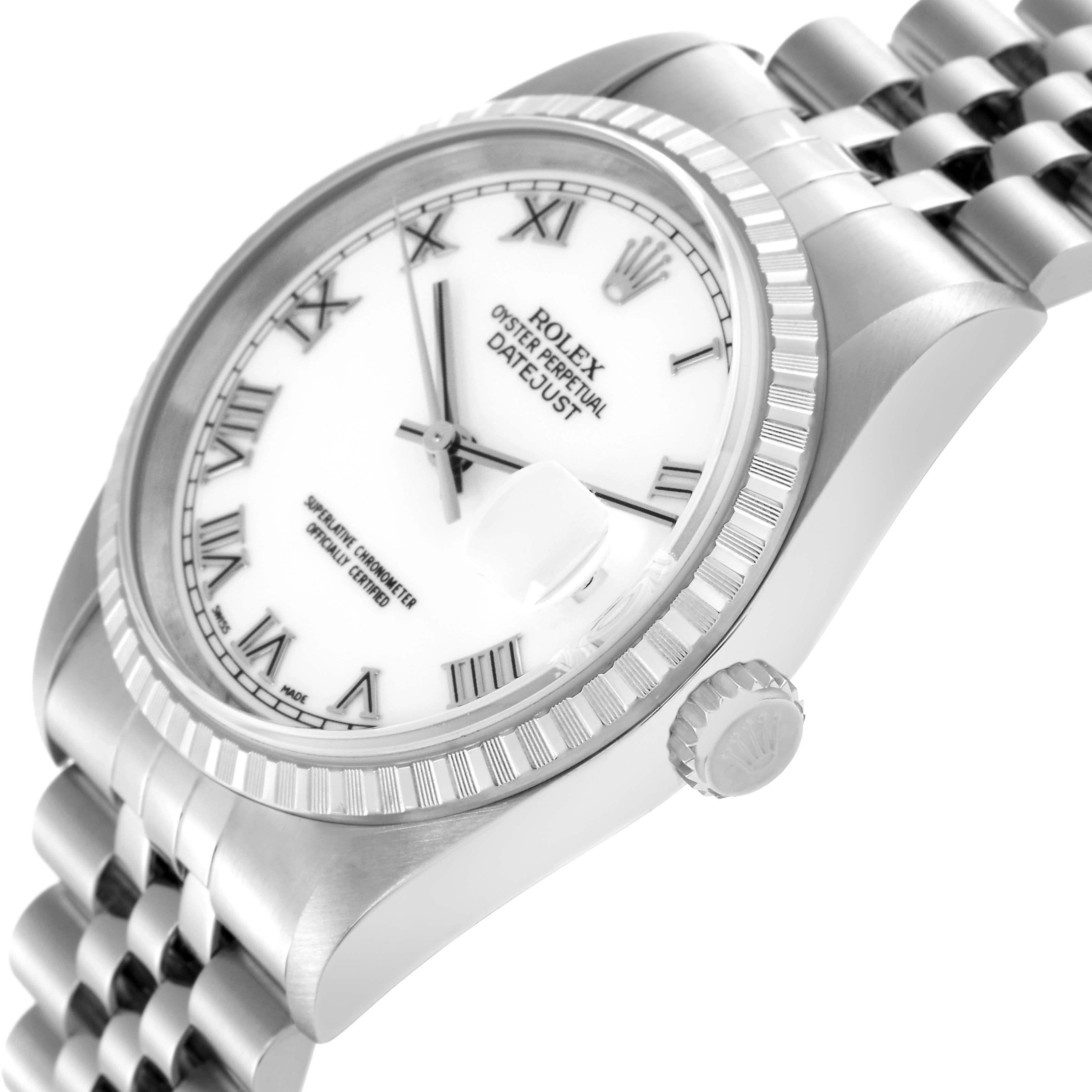The Rolex Datejust 16220 Men's Stainless Steel White Dial 16220 Men's Stainless Steel White Dial watch is shown from a side angle, highlighting its bezel, crown, and part of the bracelet.
