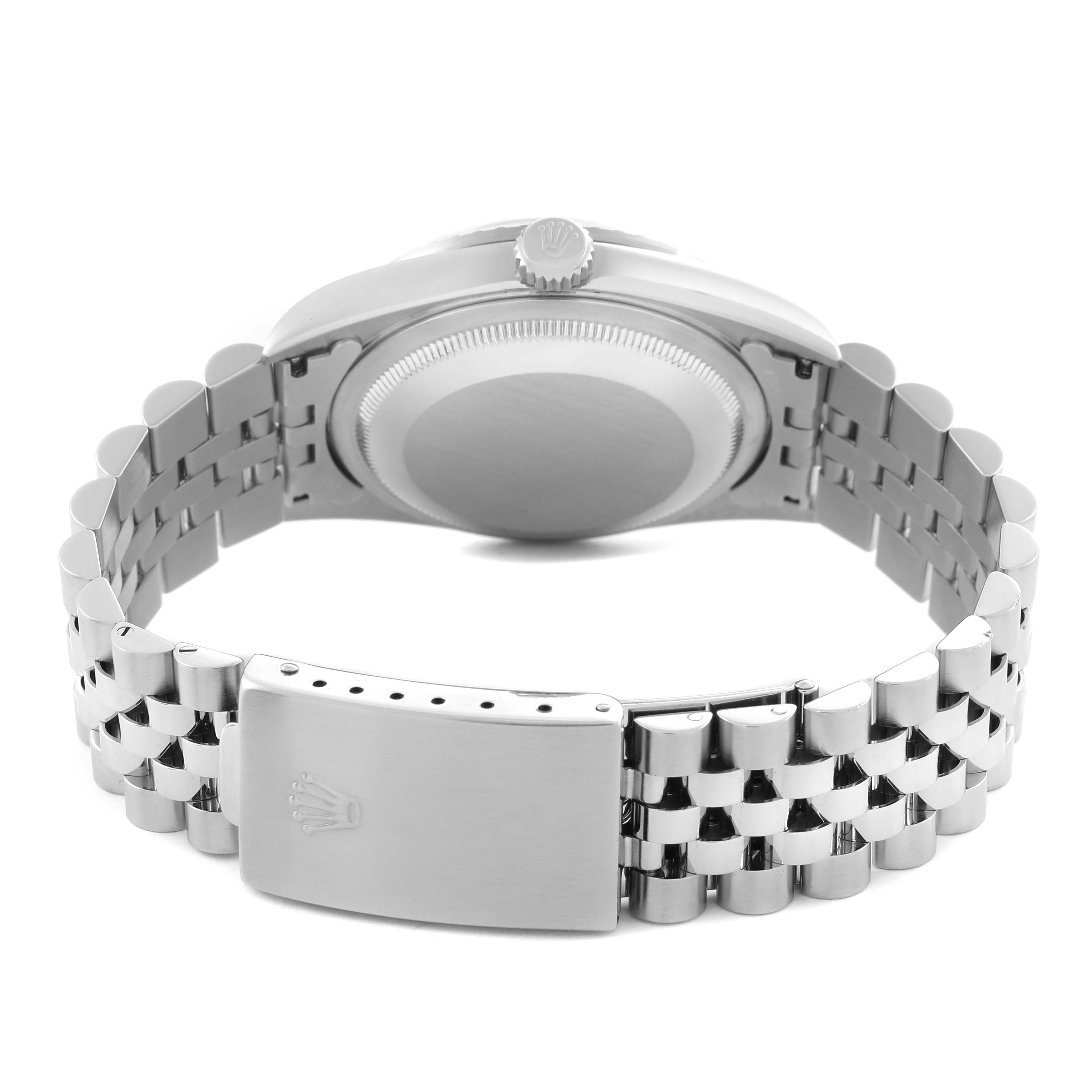 The image shows the back of a Rolex Datejust 16220 Men's Stainless Steel White Dial 16220 Men's Stainless Steel White Dial watch, highlighting the bracelet and clasp with the crown logo.