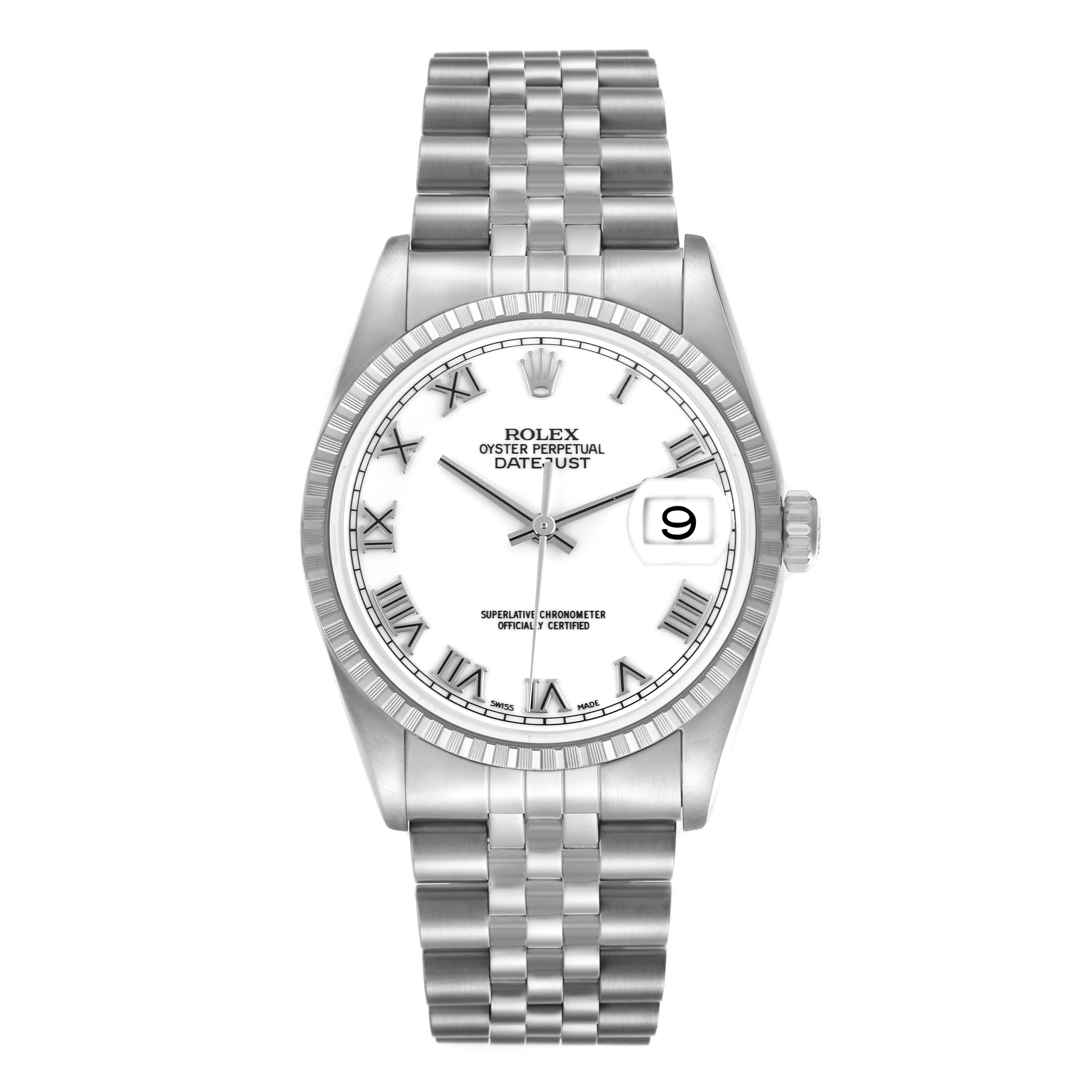 The Rolex Datejust 16220 Men's Stainless Steel White Dial 16220 Men's Stainless Steel White Dial watch is shown from a top-down angle, displaying the dial, bezel, and Jubilee bracelet.