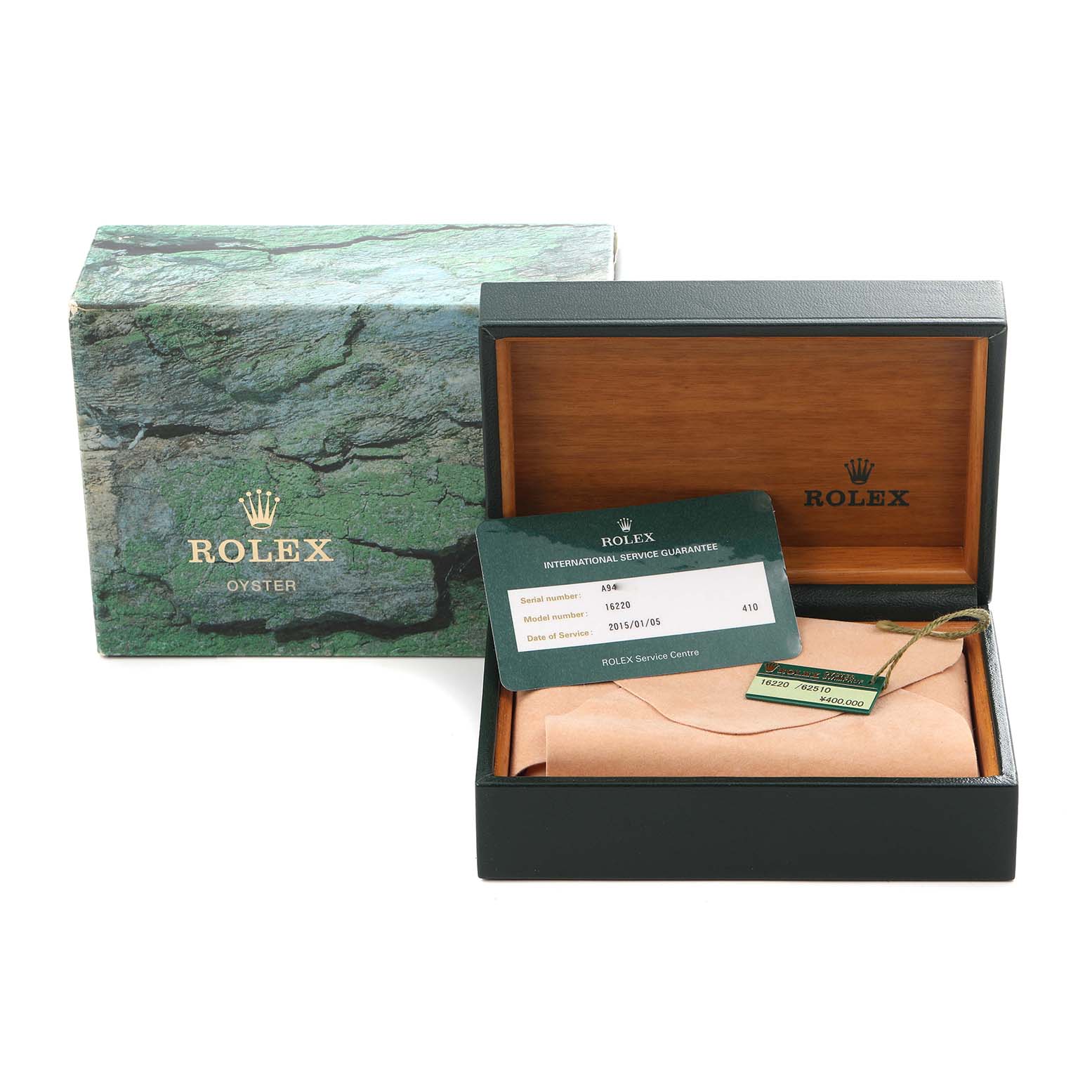 The image shows a Rolex Datejust 16220 Men's Stainless Steel White Dial 16220 Men's Stainless Steel White Dial box, an outer box, and service cards displayed from an overhead angle.