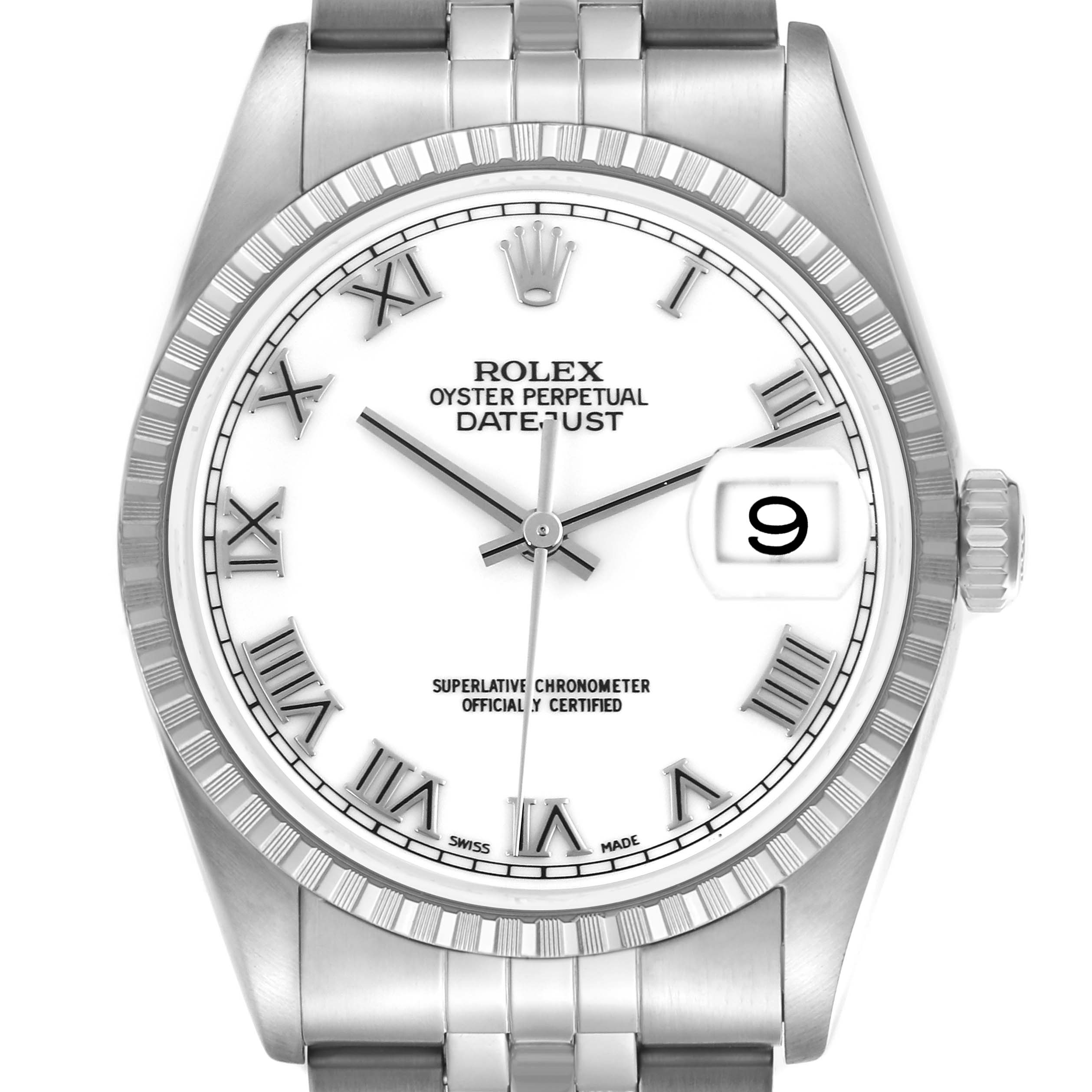 The Rolex Datejust 16220 Men's Stainless Steel White Dial 16220 Men's Stainless Steel White Dial watch is shown from a front angle, displaying the dial, bezel, and part of the bracelet.