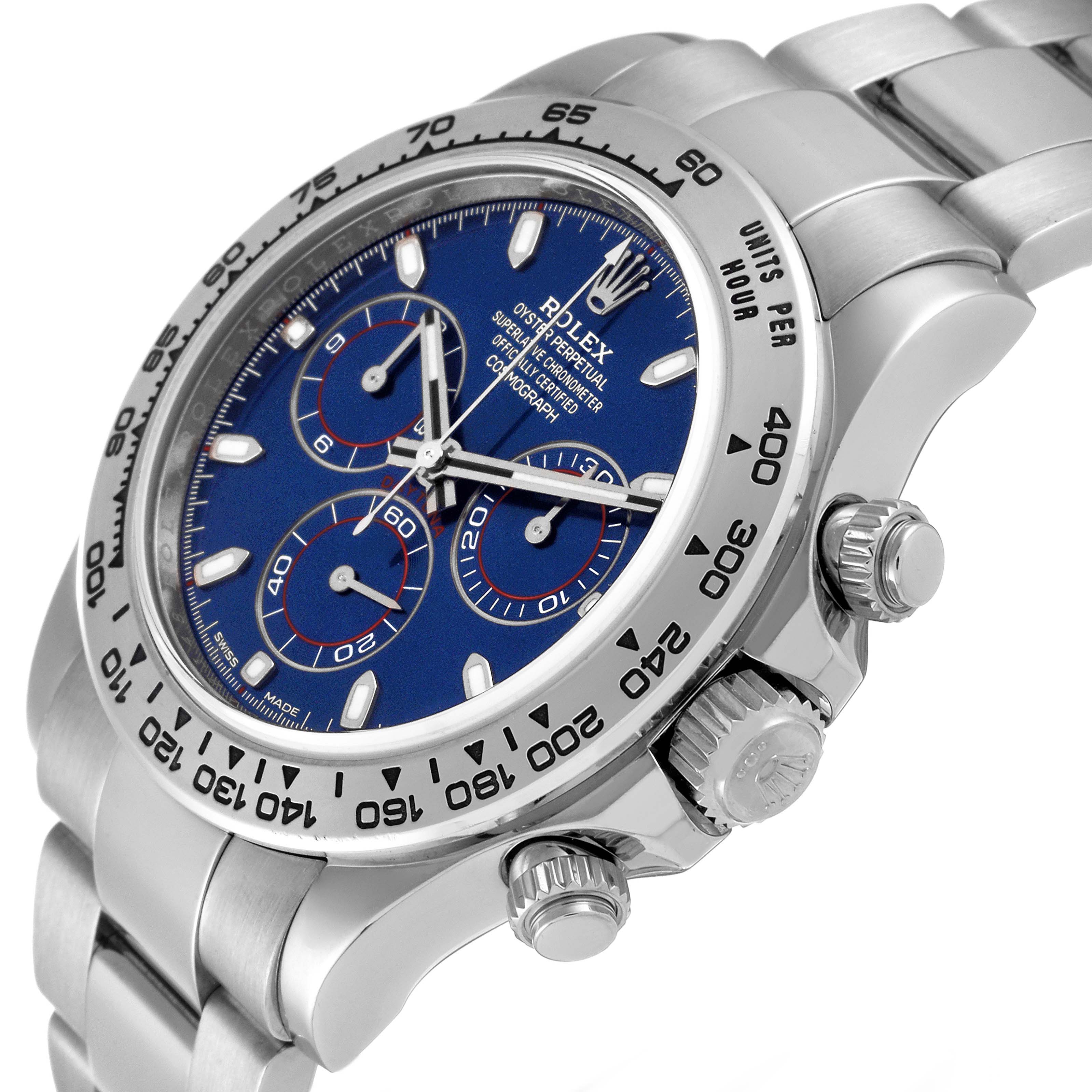 The image shows a side and front angle of a Rolex Daytona 116509 Men's White Gold Blue Dial 116509 Men's White Gold Blue Dial watch with a blue dial and stainless steel bracelet.
