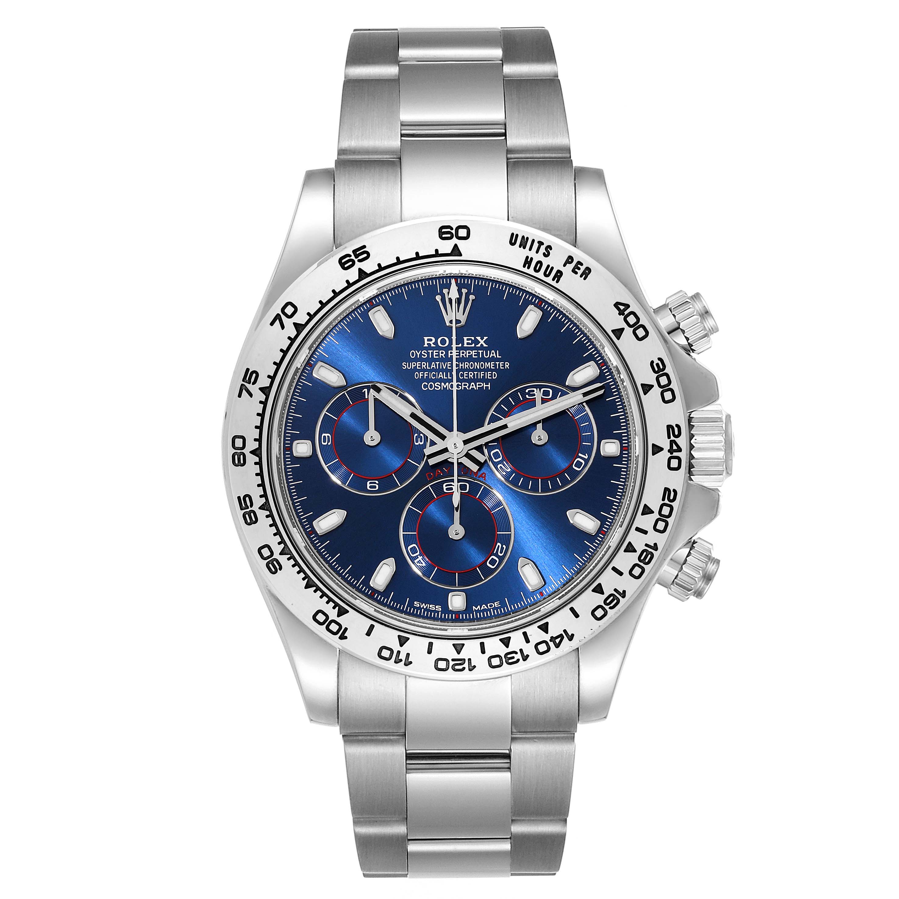 The image shows a front-facing view of the Rolex Daytona 116509 Men's White Gold Blue Dial 116509 Men's White Gold Blue Dial watch, highlighting its dial, bezel, and bracelet.