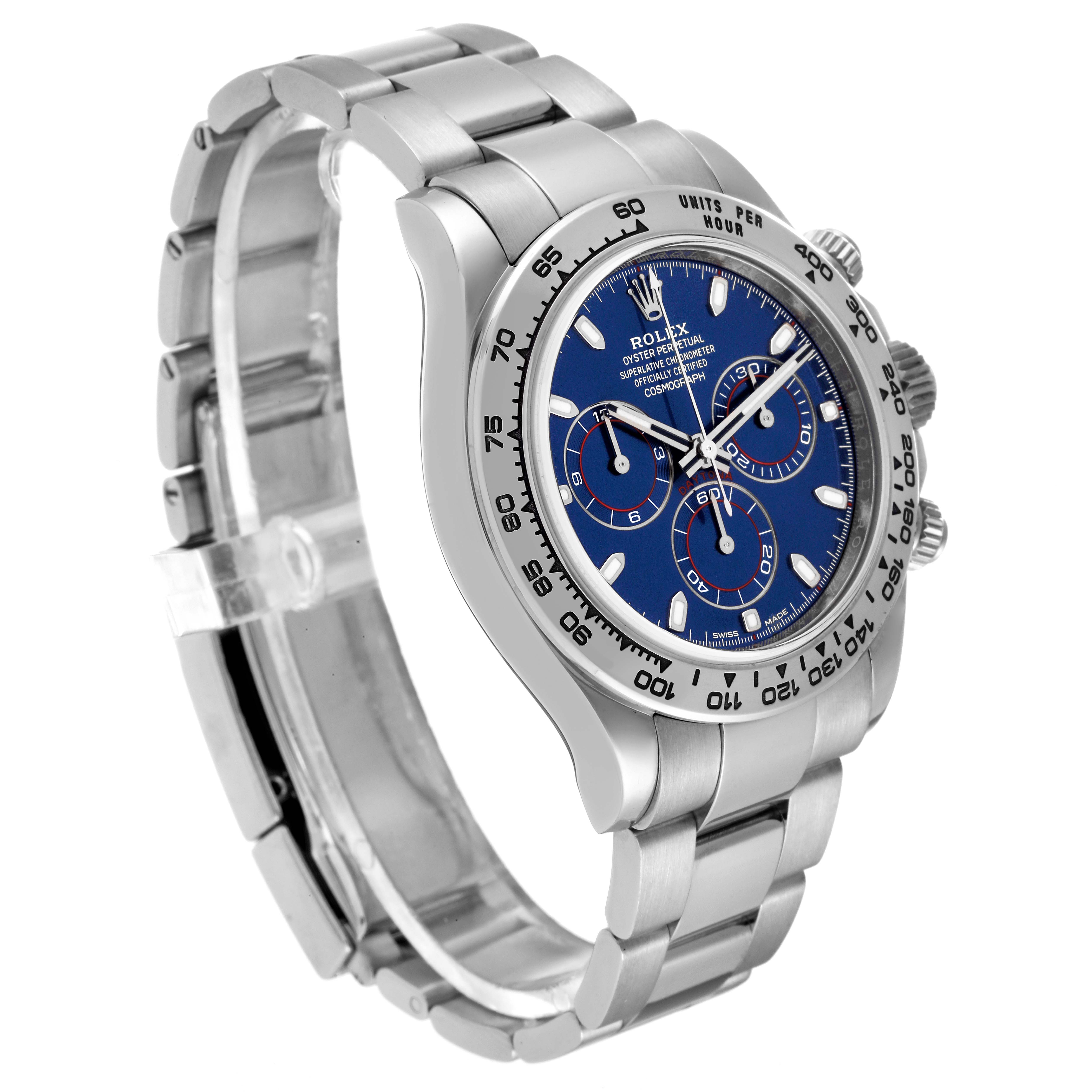 The image shows a Rolex Daytona 116509 Men's White Gold Blue Dial 116509 Men's White Gold Blue Dial watch at a three-quarter angle, highlighting the bracelet, bezel, and blue dial with chronograph subdials.