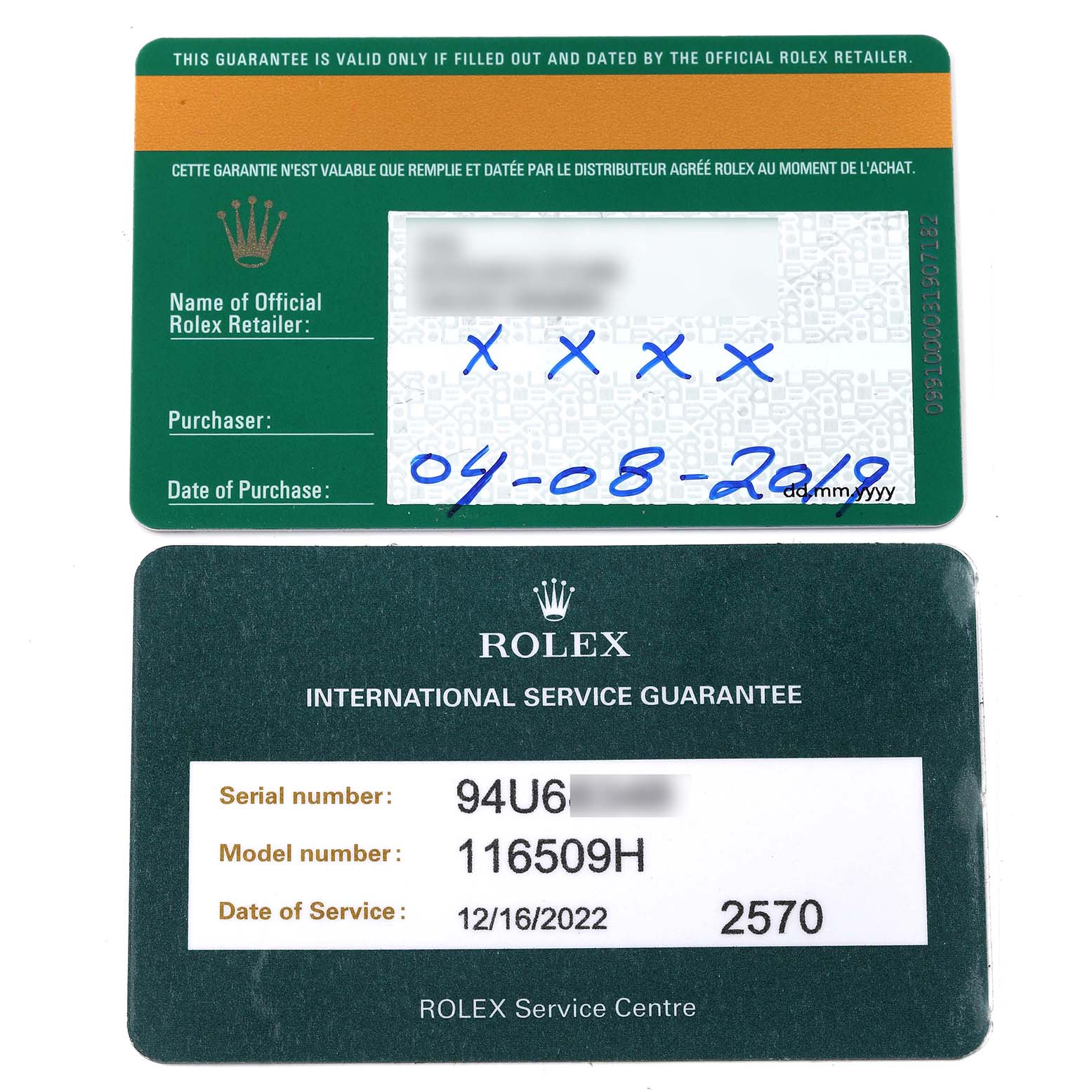 The image shows a pair of guarantee cards for the Rolex Daytona 116509 Men's White Gold Blue Dial 116509 Men's White Gold Blue Dial model watch.