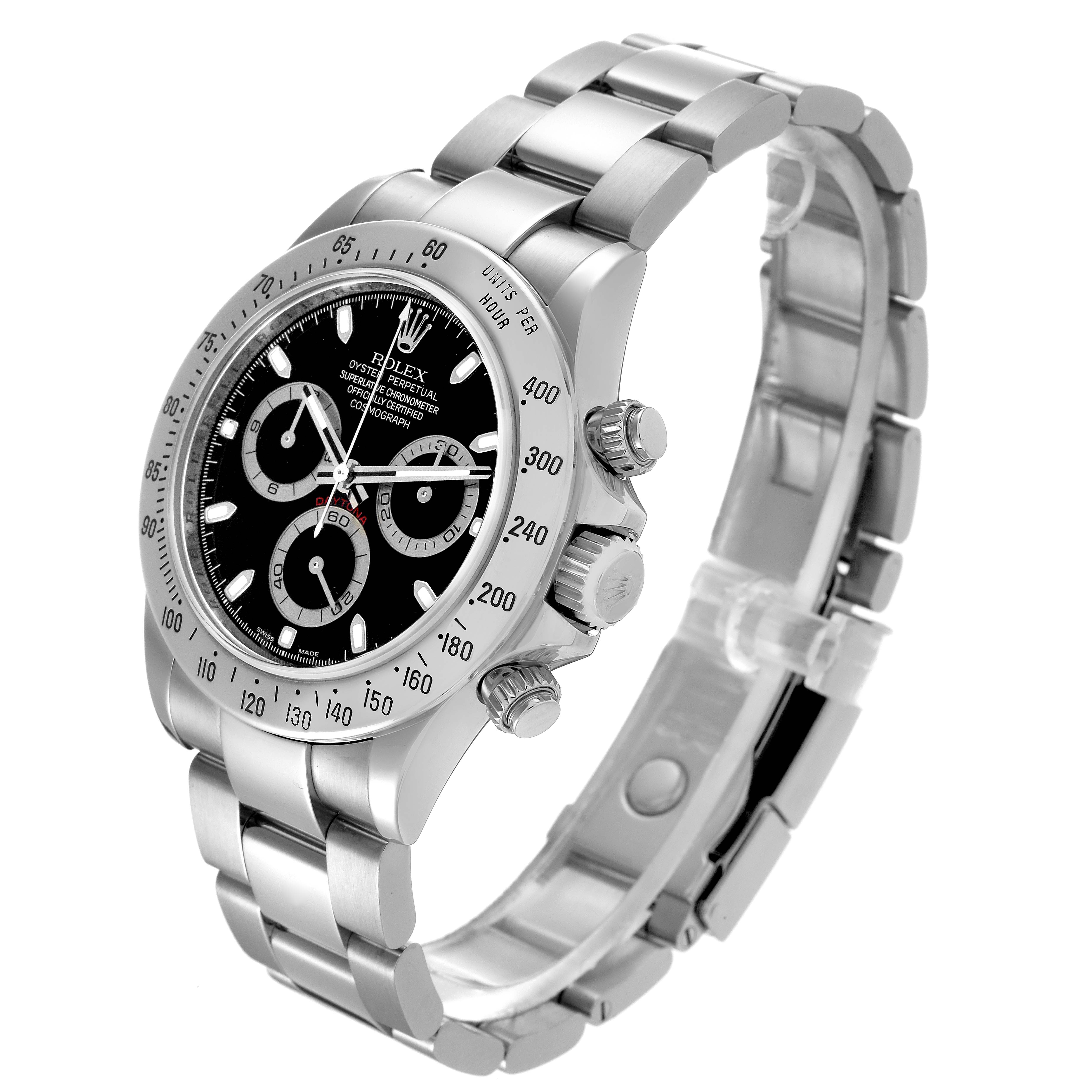 The image shows a side-angle view of a Rolex Daytona 116520 Men's Stainless Steel Black Dial 116520 Men's Stainless Steel Black Dial watch, highlighting the dial, bezel, crown, and bracelet.