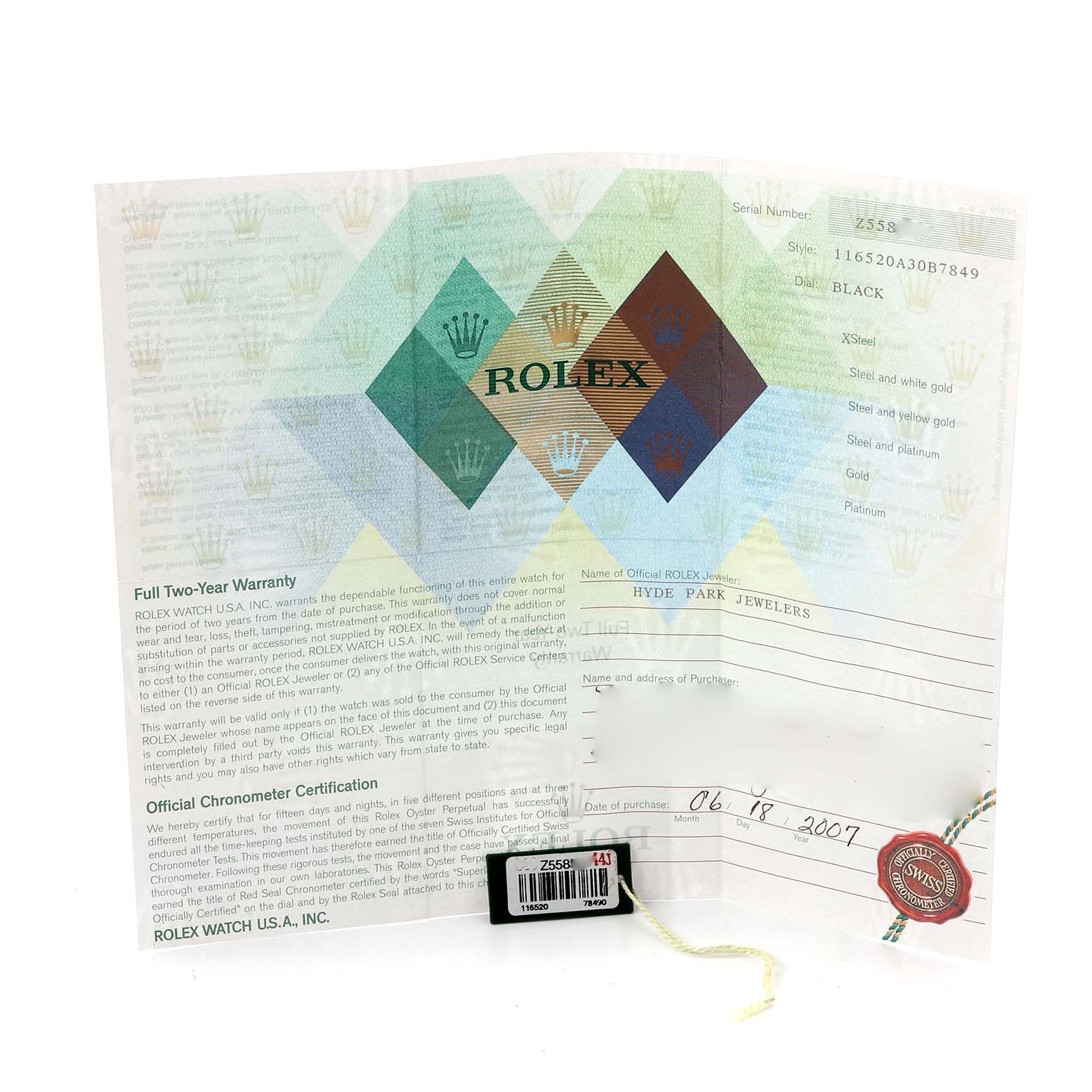 The image shows warranty papers for a Rolex Daytona 116520 Men's Stainless Steel Black Dial 116520 Men's Stainless Steel Black Dial watch, including a certificate and a tag.