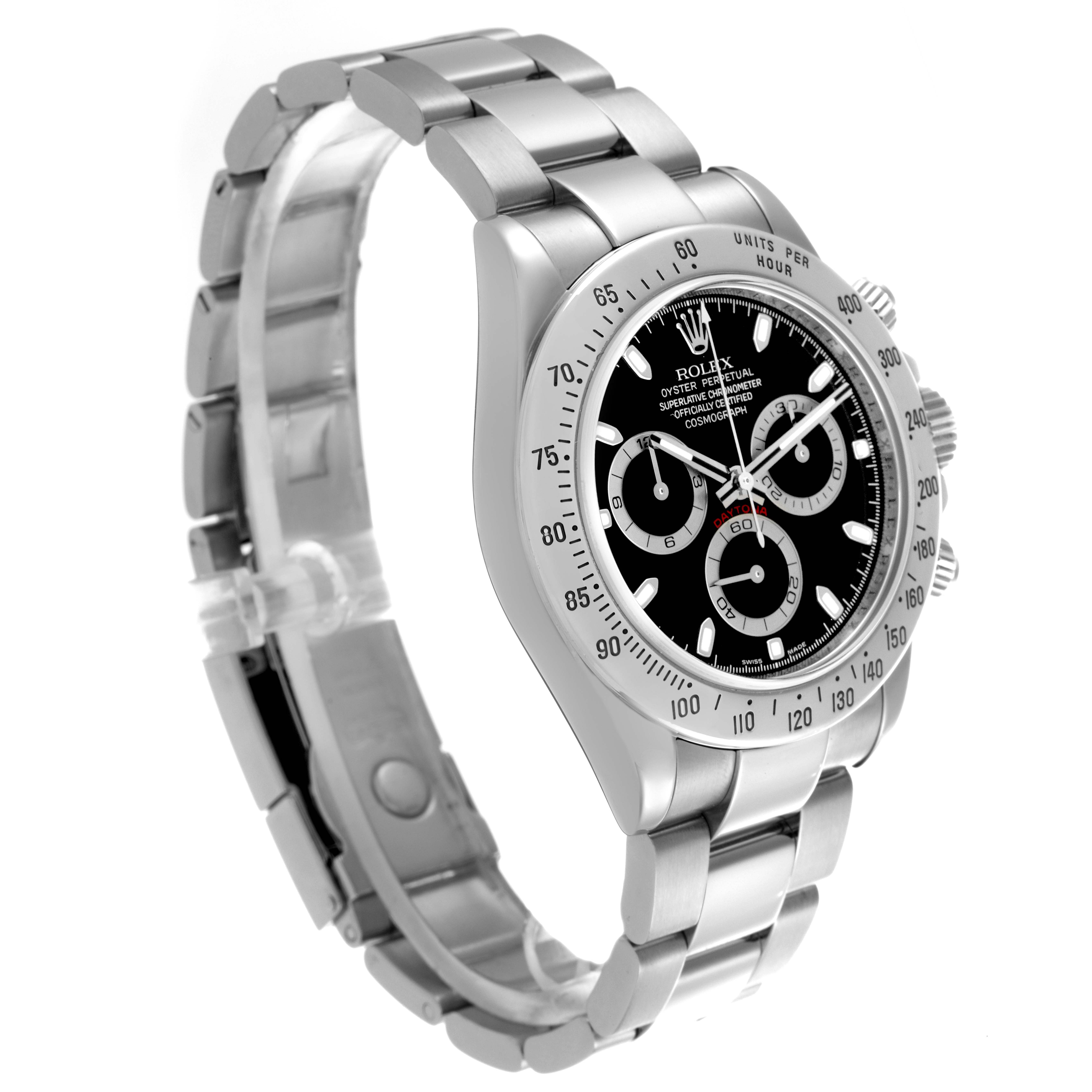 The image shows a Rolex Daytona 116520 Men's Stainless Steel Black Dial 116520 Men's Stainless Steel Black Dial watch at a 3/4 angle, displaying its bracelet, bezel, crown, and dial clearly.