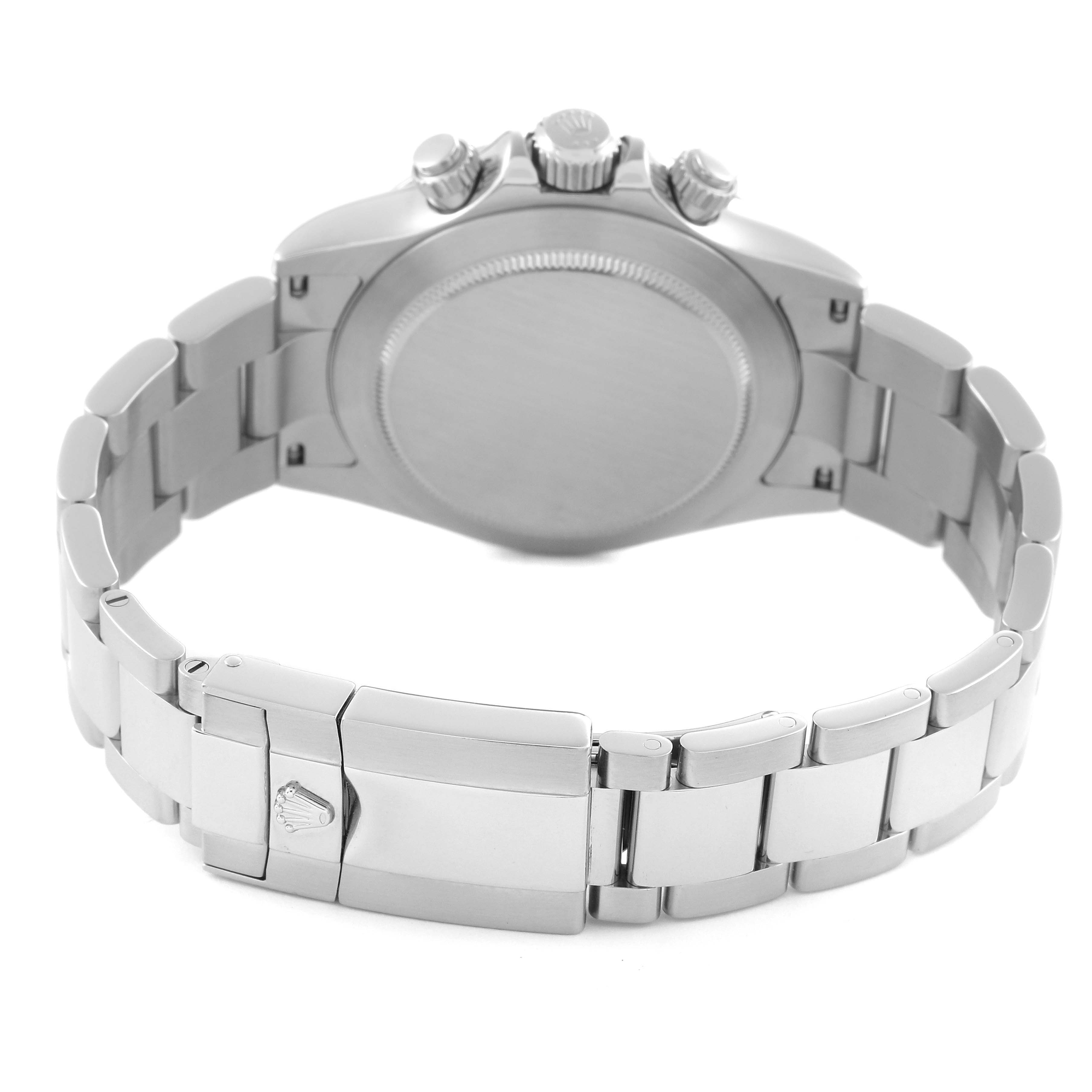 The image shows the back view of a Rolex Daytona 116520 Men's Stainless Steel Black Dial 116520 Men's Stainless Steel Black Dial, highlighting the clasp, bracelet, case back, and pushers.