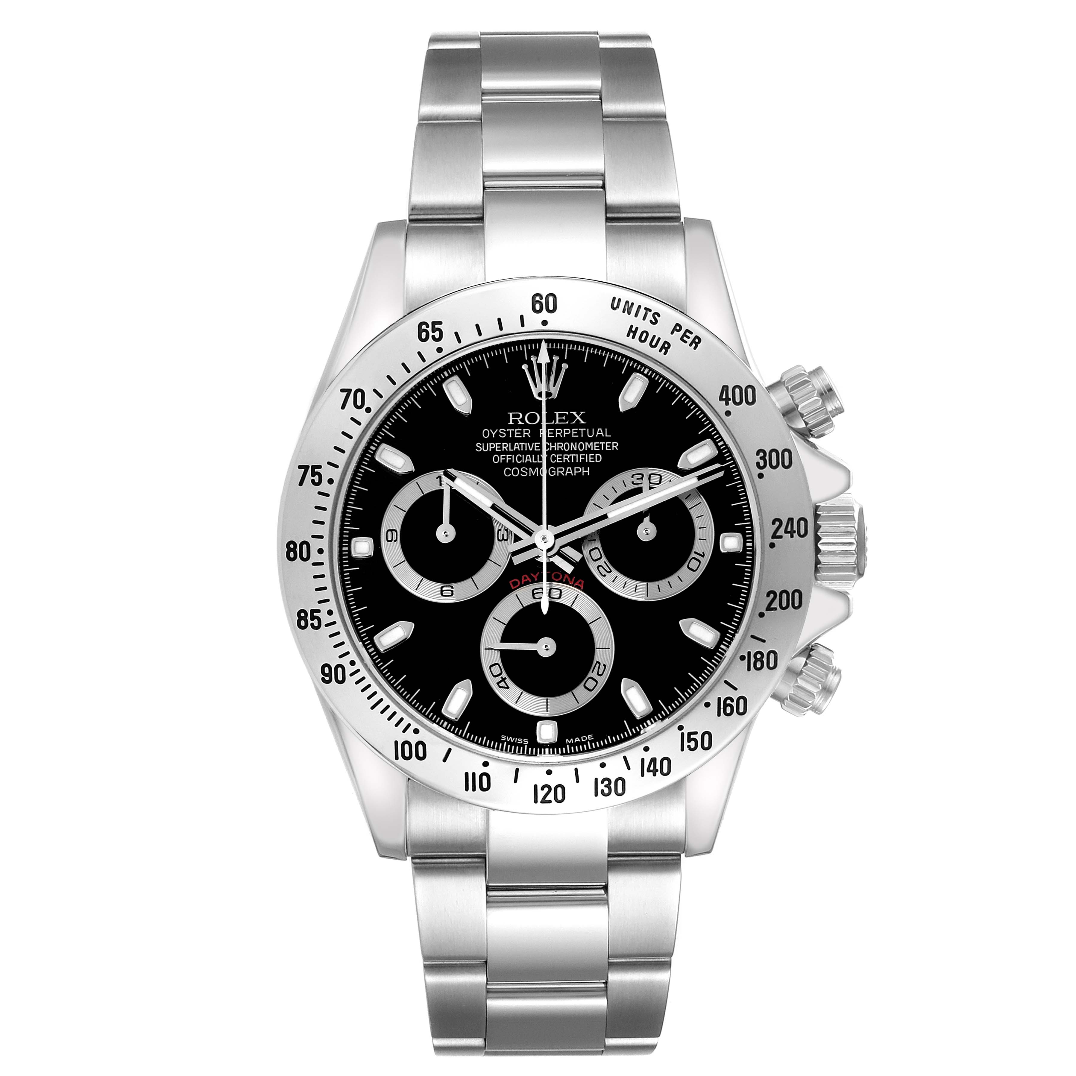 The Rolex Daytona 116520 Men's Stainless Steel Black Dial 116520 Men's Stainless Steel Black Dial watch is shown from a front angle, displaying the face, bezel, pushers, and bracelet.